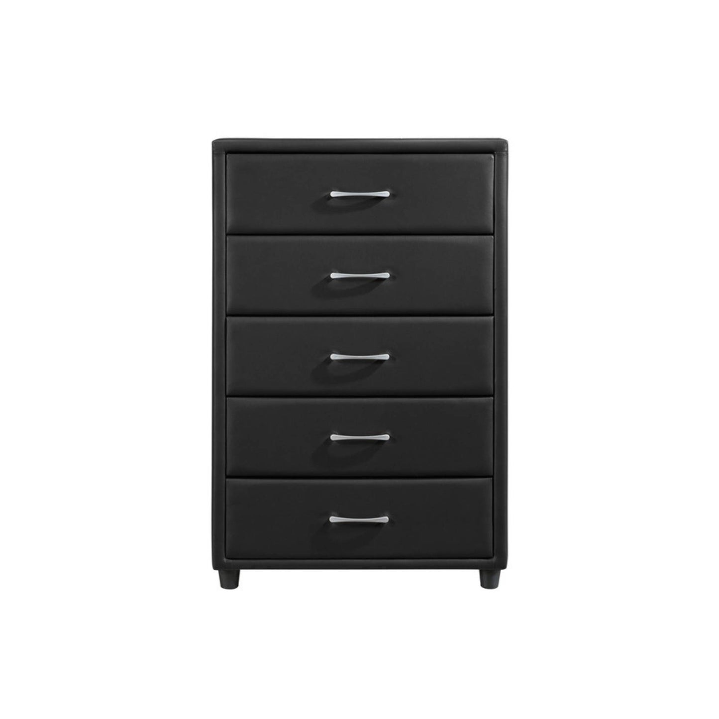 Black faux leather chest drawer with five drawers on a white background