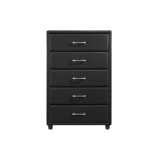 Black faux leather chest drawer with five drawers on a white background