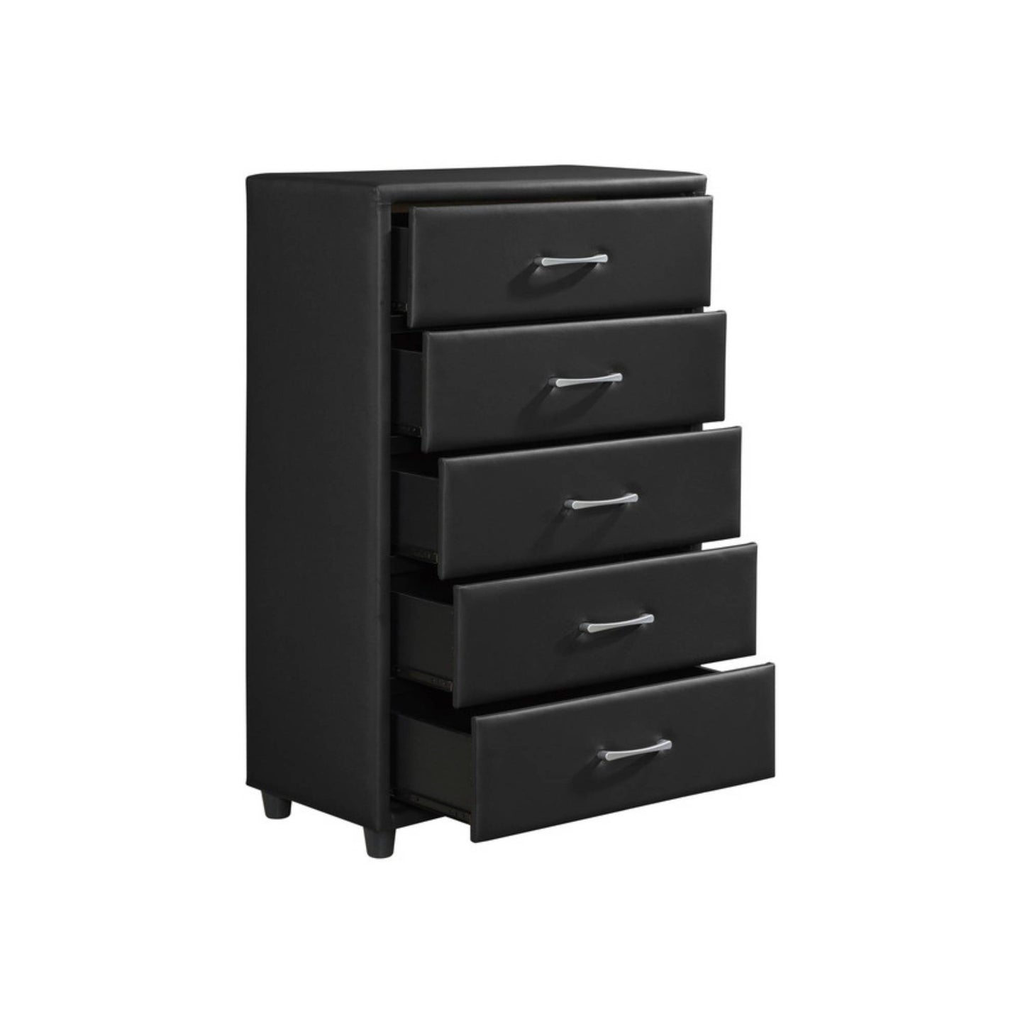 Black faux leather chest drawer with five open drawers on a white background