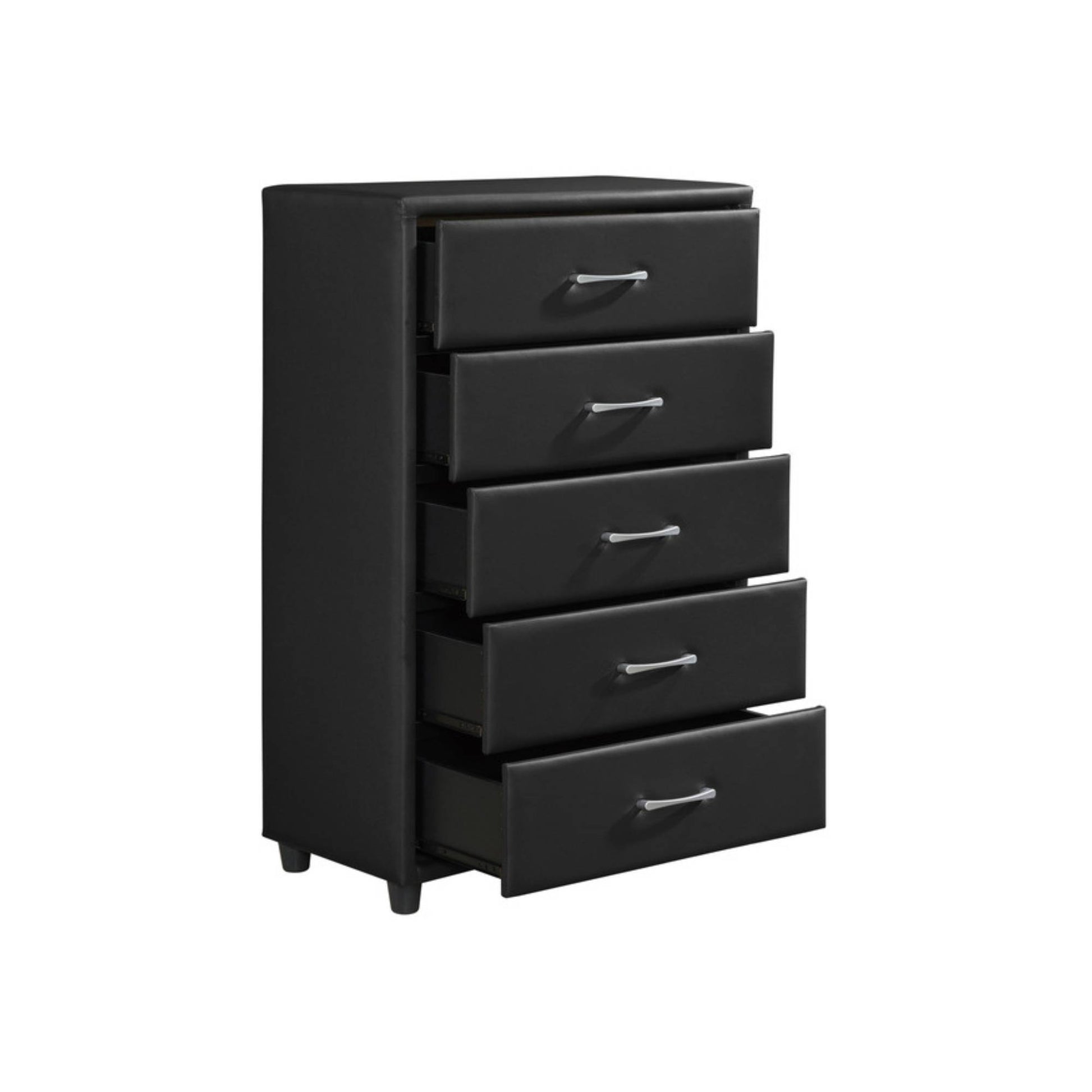 Black faux leather chest drawer with five open drawers on a white background