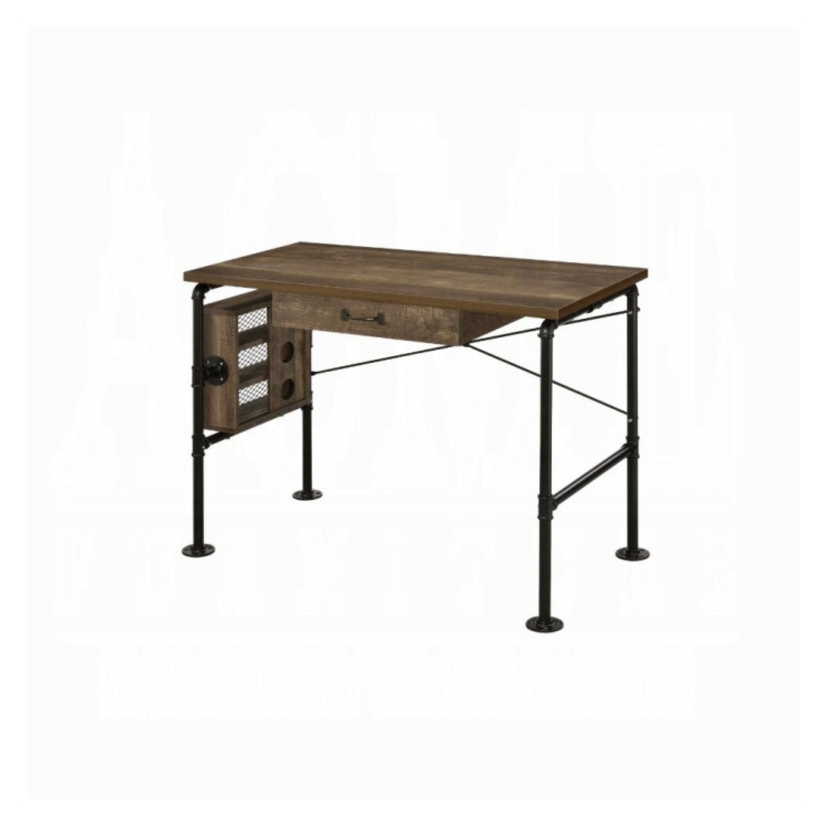 Endan weatherd oak finish Industrial style writing desk with a dark brown wood top, a single drawer, and a side cabinet with a wire mesh door, supported by a black metal pipe frame on a white background.