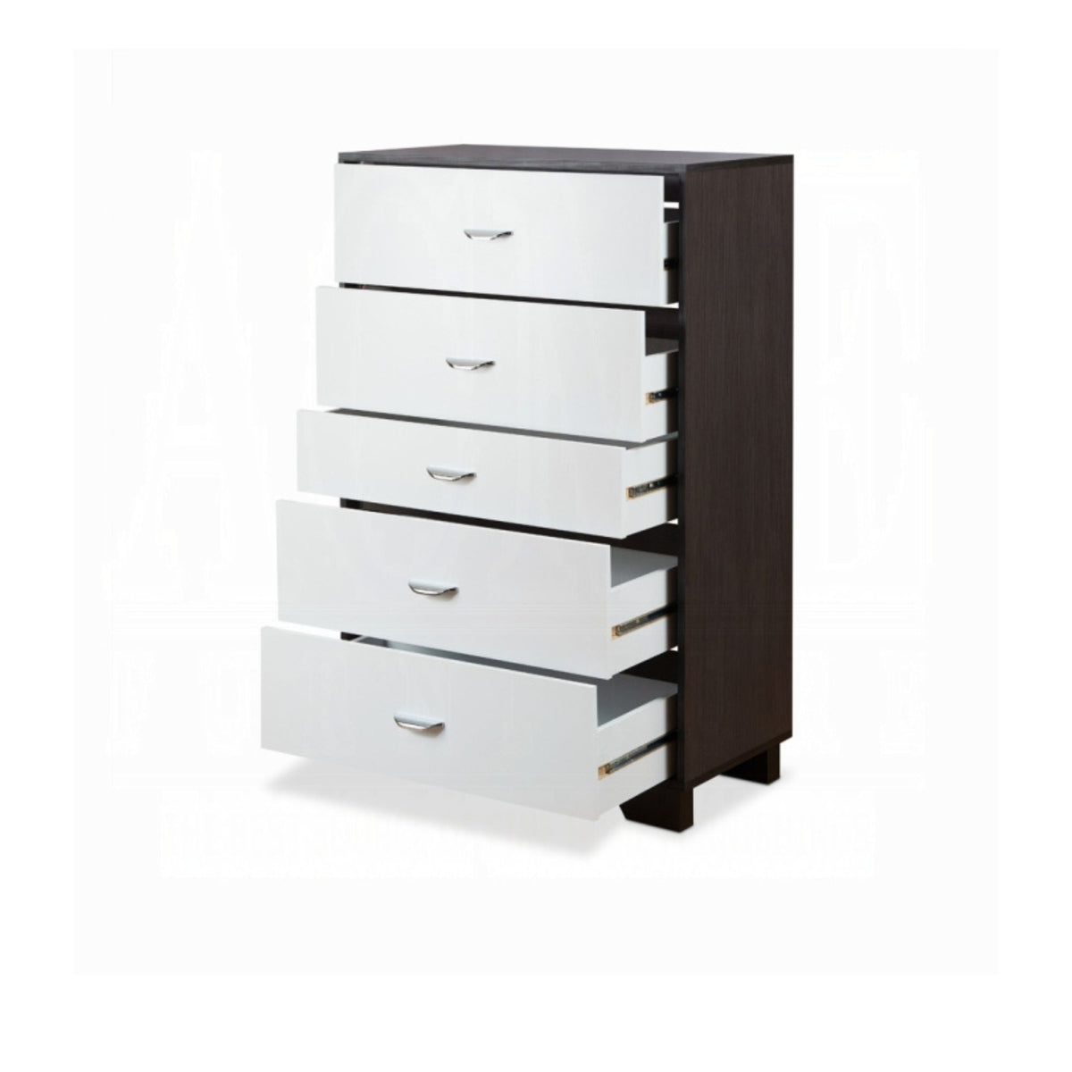 Fiorella 5-Drawer Chest in two tone brown and white with open drawers displayed on a white background. 