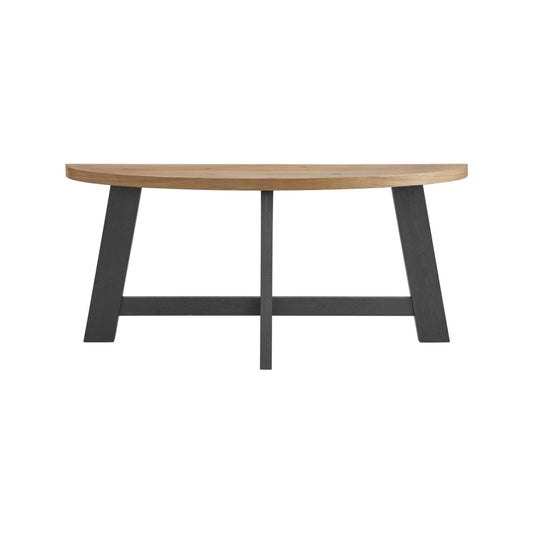 Half Oval Table top in light brown with black veneer base sofa table on white background