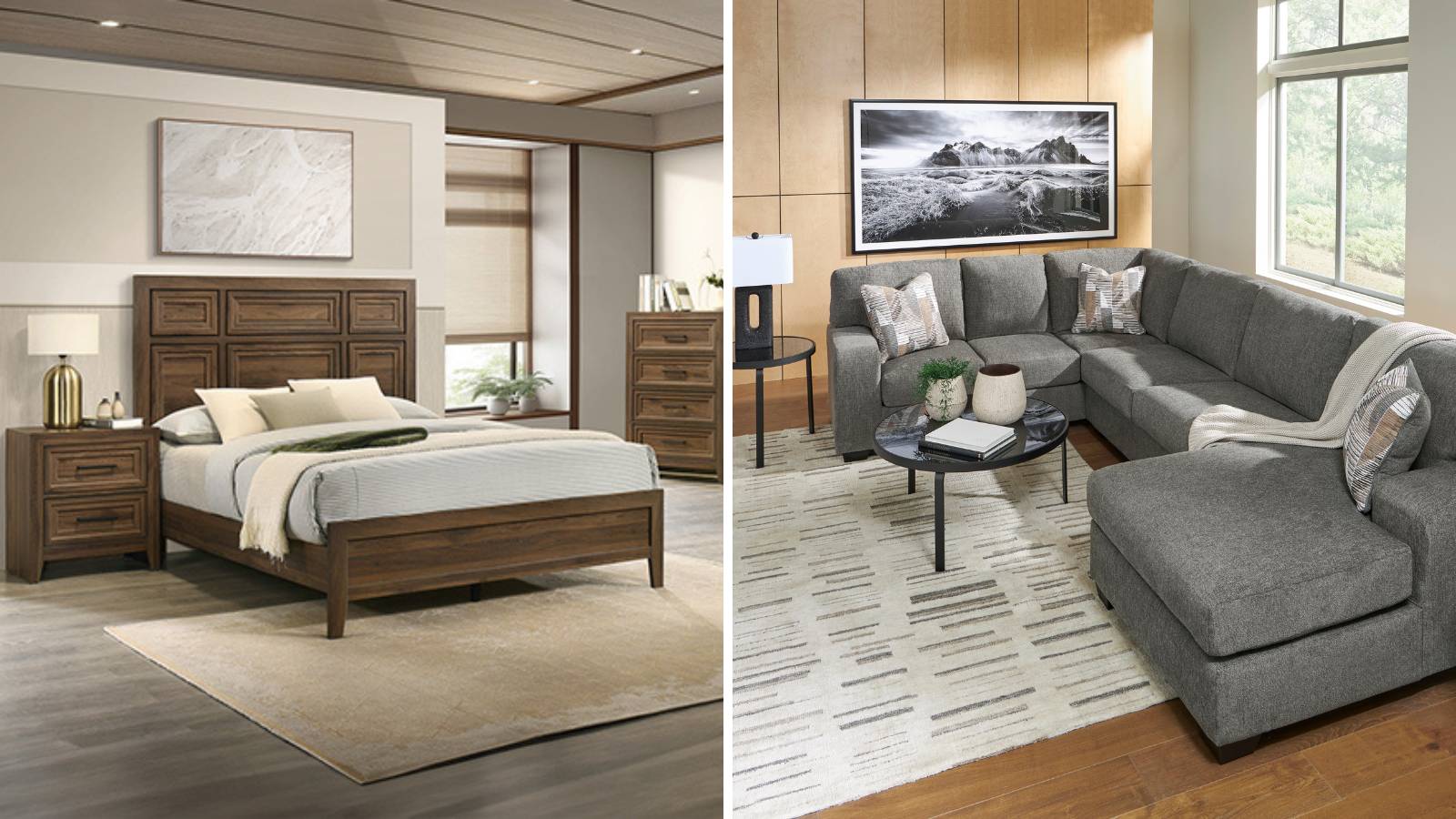 Collage of a bedroom with wooden furniture and a living room with a gray sectional sofa