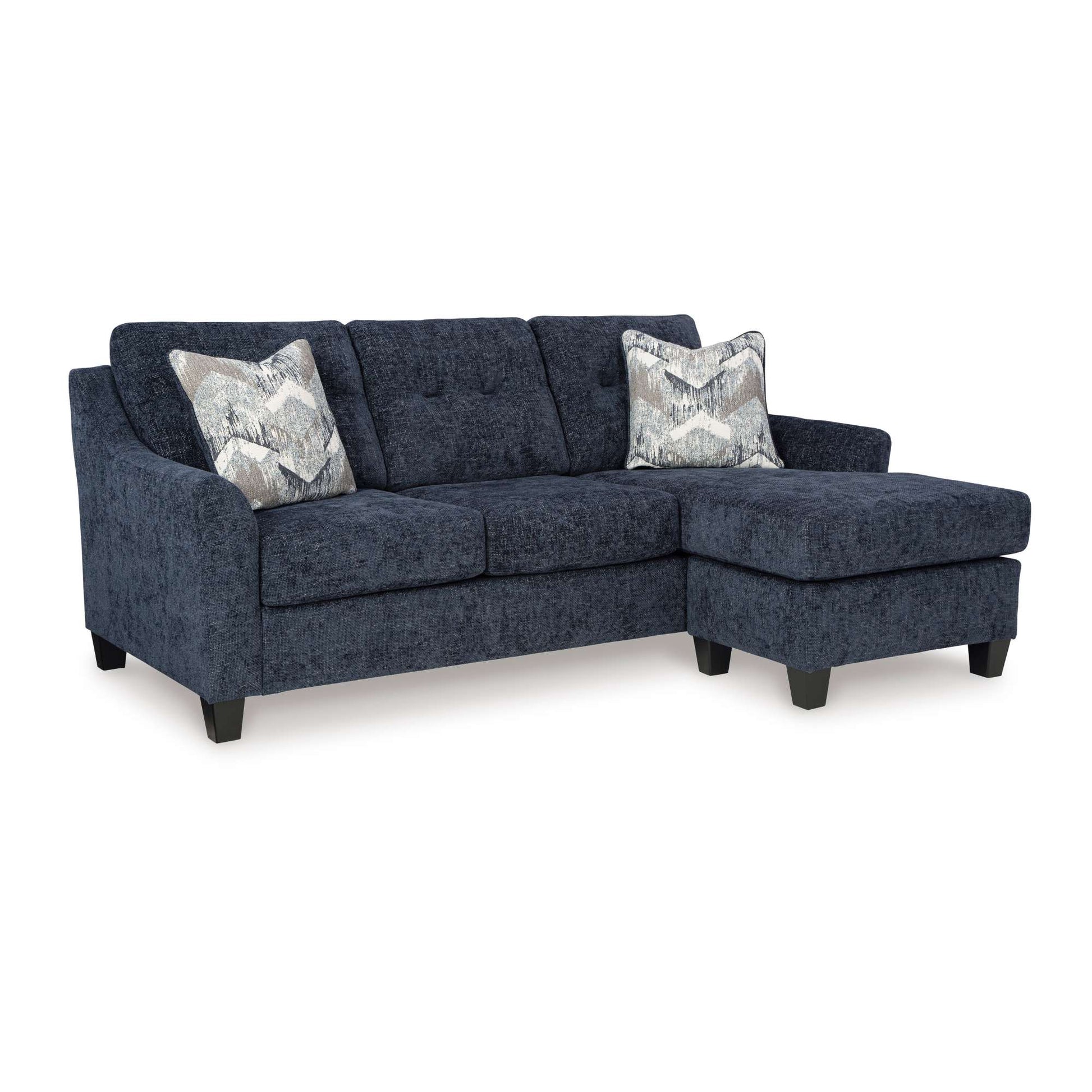 Galen Blue sectional sofa with patterned cushions on a white background