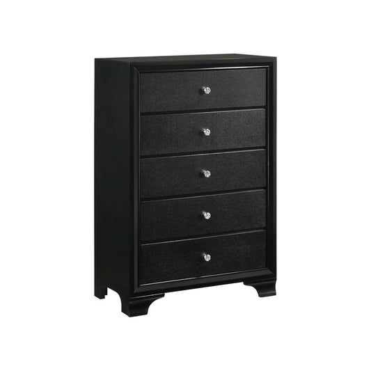 Geoff Black 5 Drawer chest with textured drawers and faux crystal handles on white background