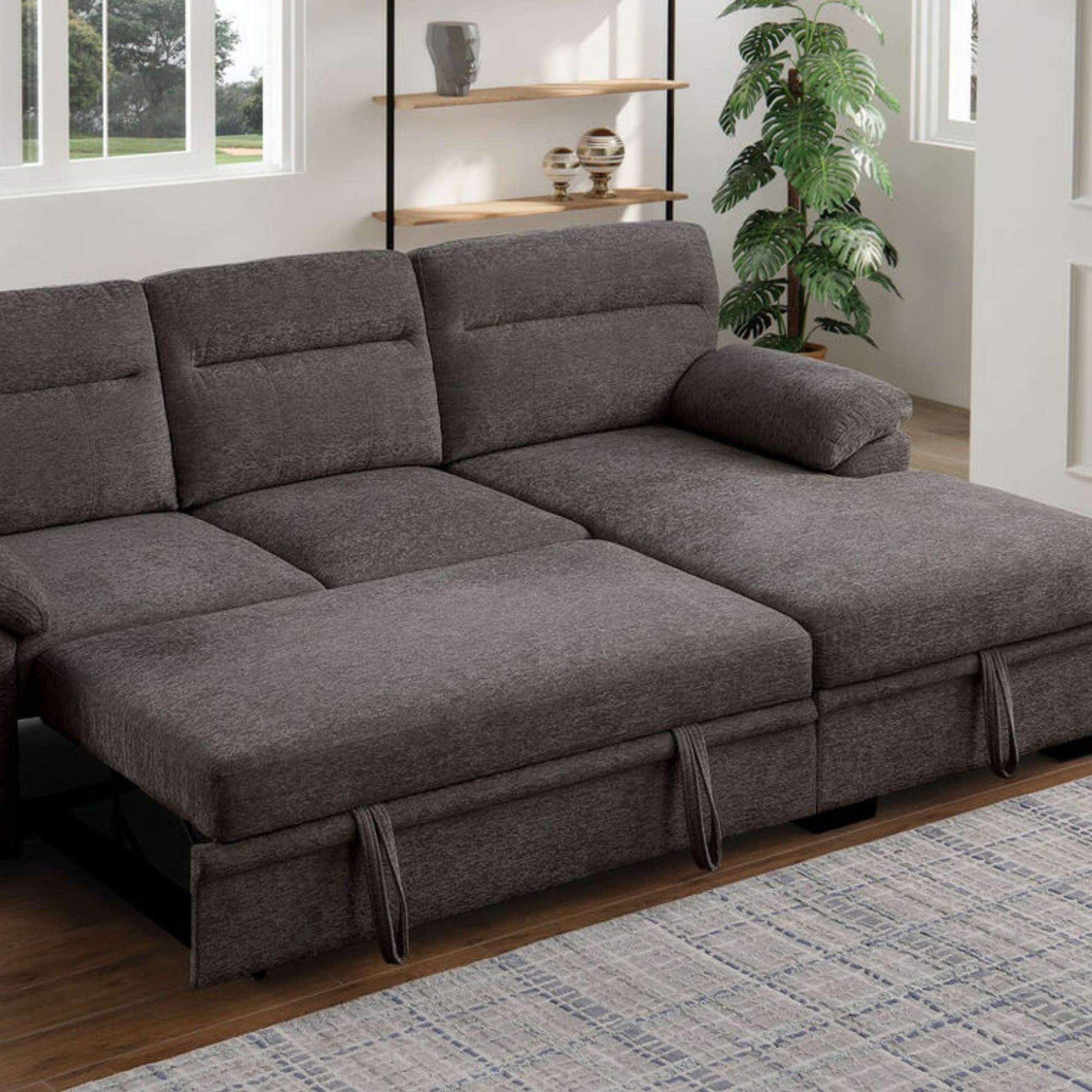 Gray sectional sofa in a living room setting with a rug and plant.