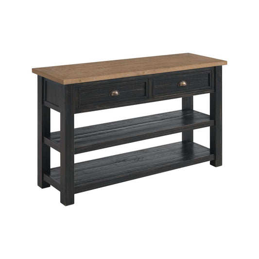 Gianny sofa table with rustic driftwood top and distressed blac base with two drawers and two shelves on white background