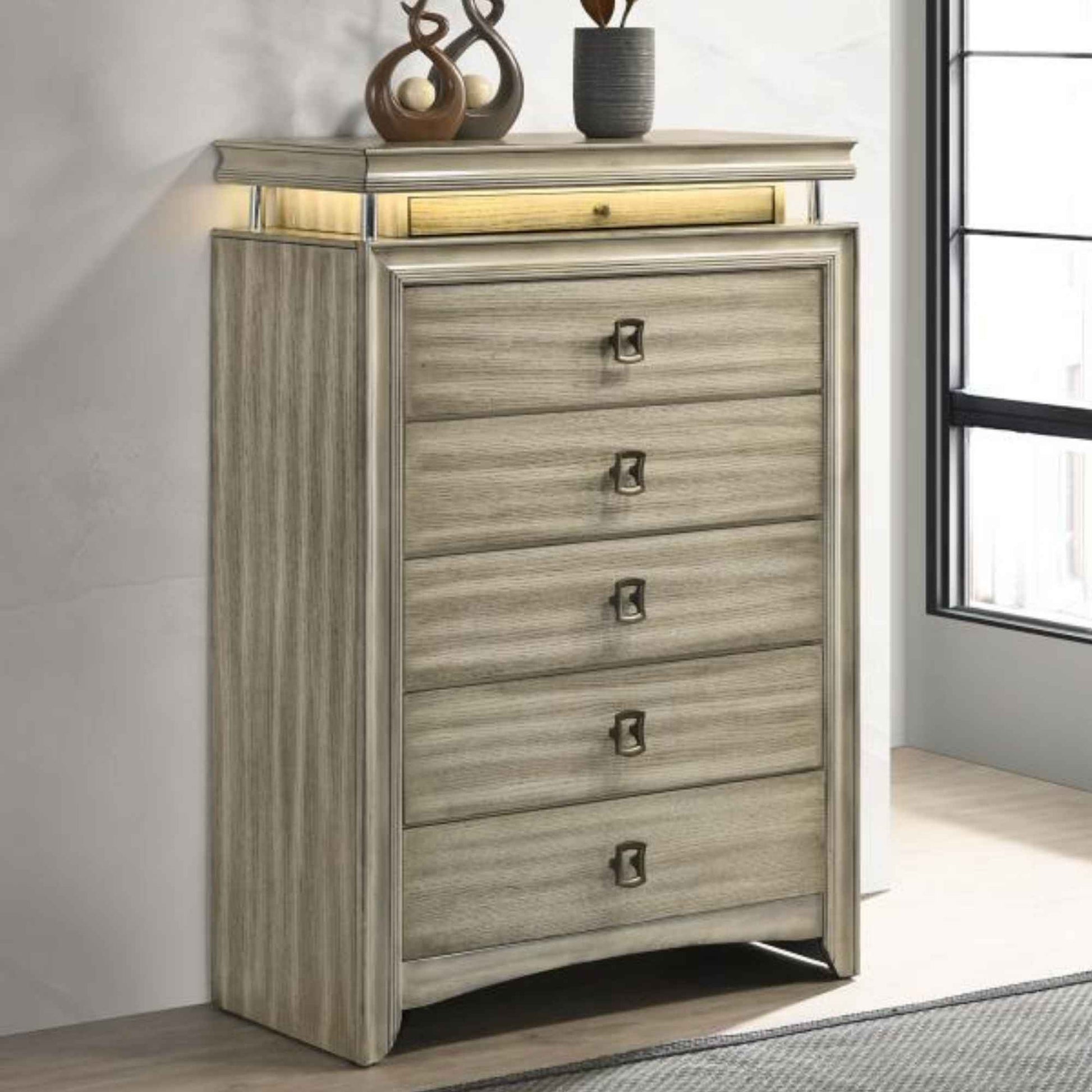 Wooden dresser with four drawers in a room setting
