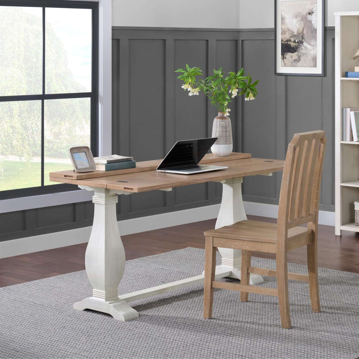 Griggs flip top desk with driftwood top and white base in office setting