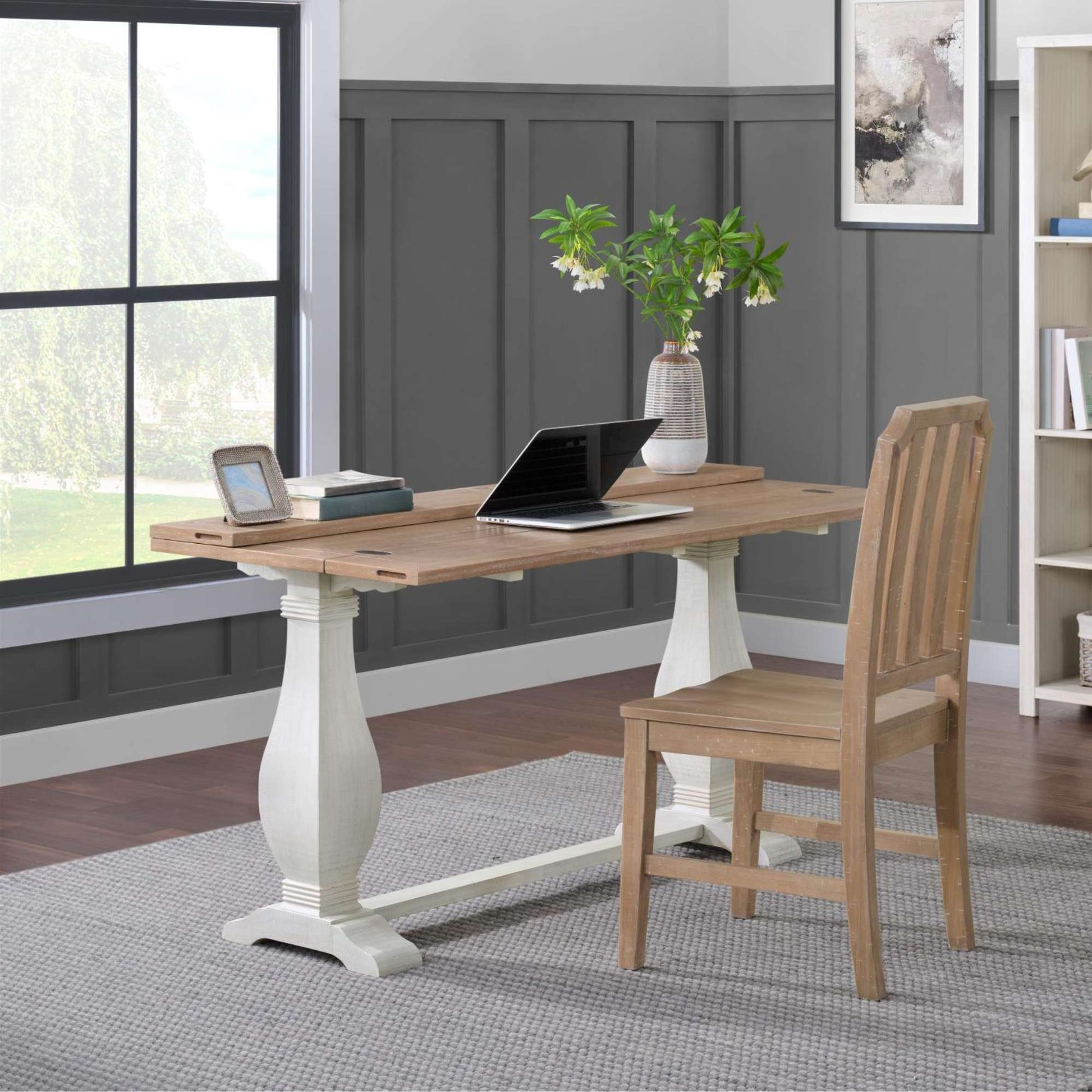 Griggs flip top desk with driftwood top and white base in office setting