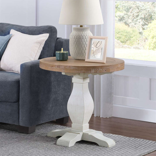 Griggs round end table with brown driftwood top and white base in living room setting