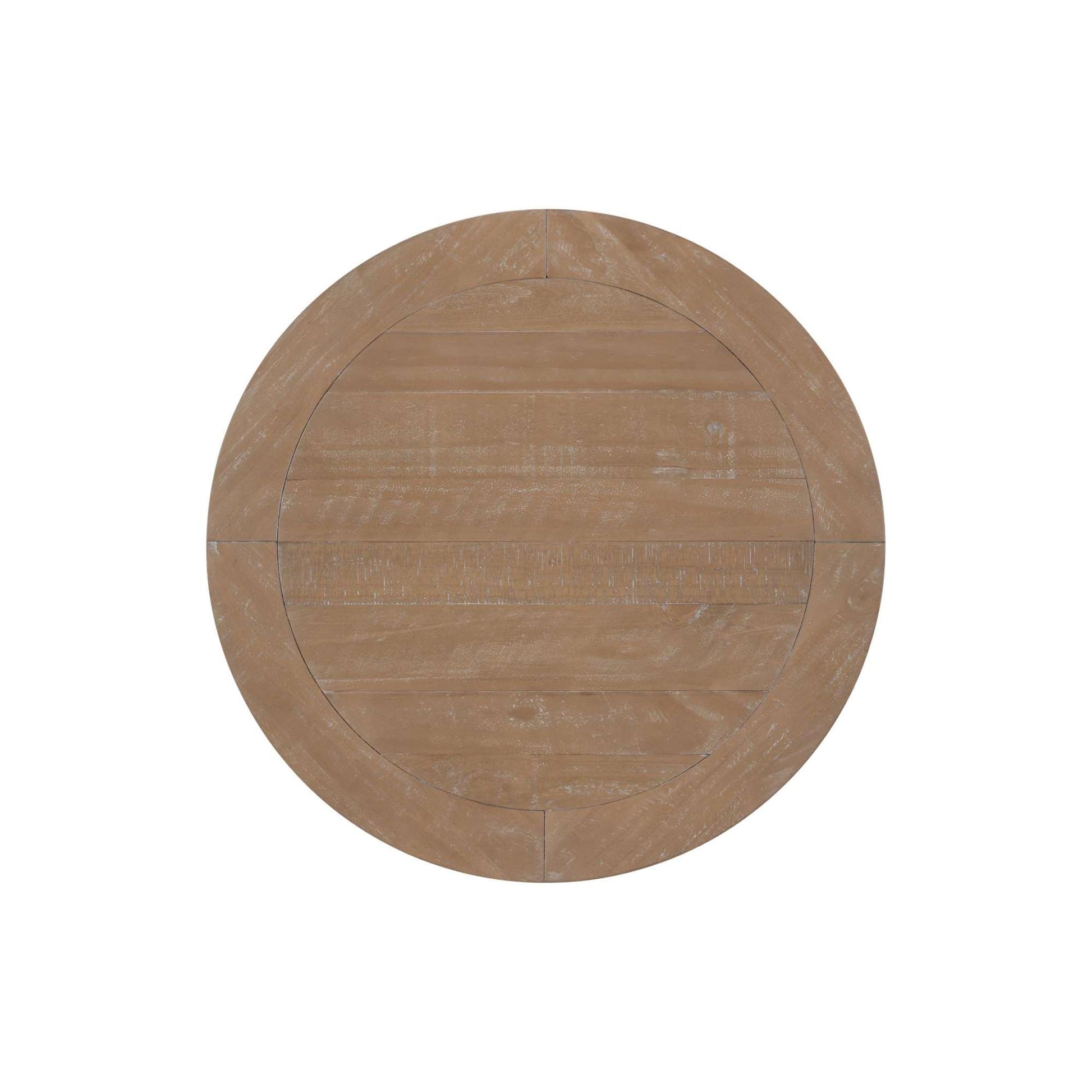 Griggs round end table top in brown driftwood veneer on white background