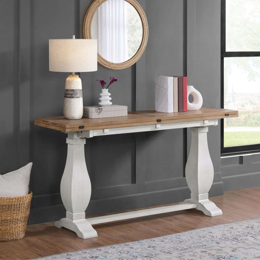 Griggs flop top sofa table with driftwood top and white base in living room setting 