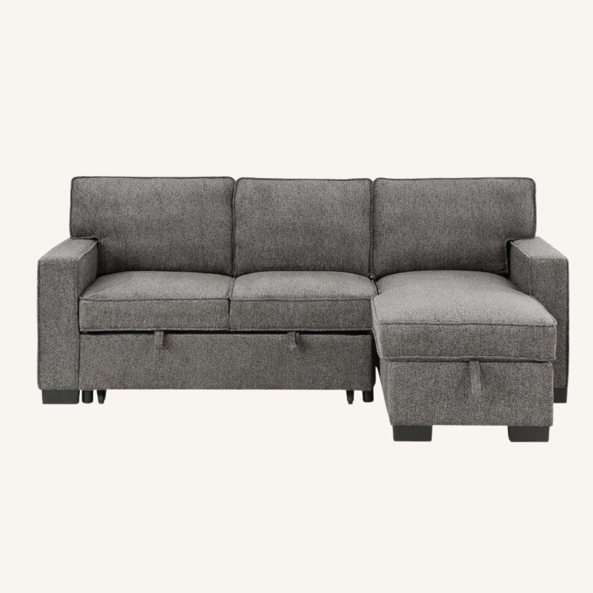 Gray sectional sofa with storage on a white background