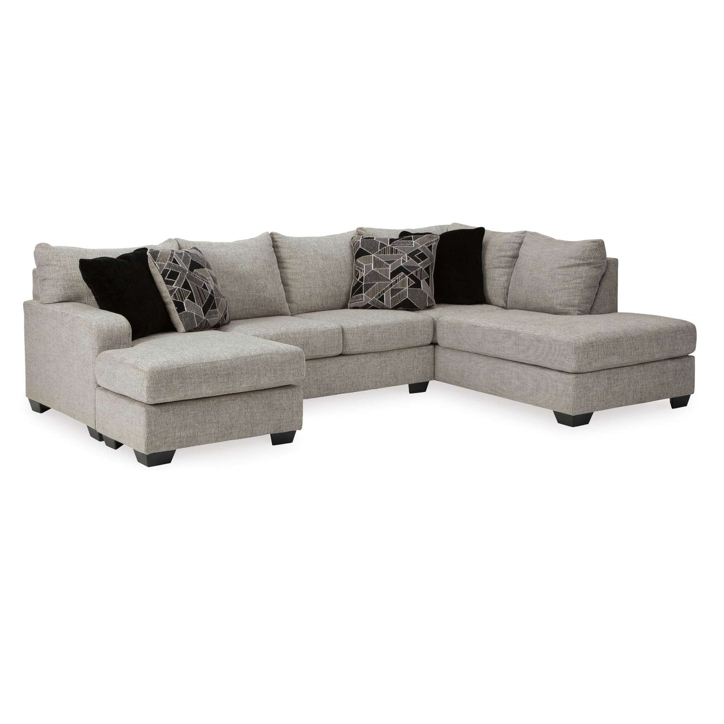 Heiko LAF Chaise Sectional with Sofa Chaise on Left and Corner Chaise on Right in Storm upholstery with accent pillows on white background.