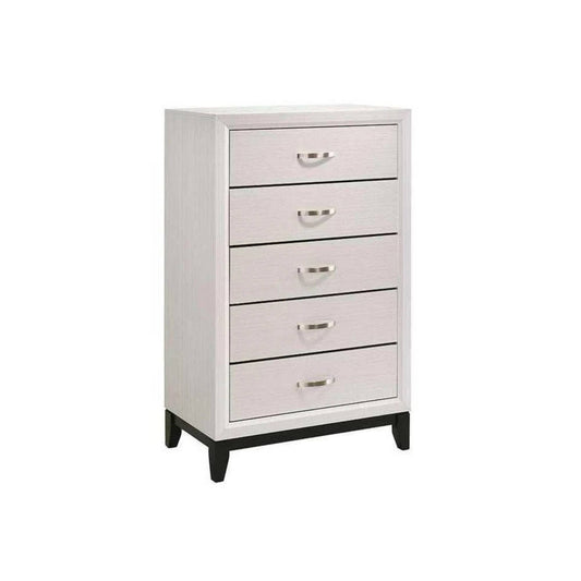 Hobson five drawer chest in chalk white veneer with black legs and base on white background
