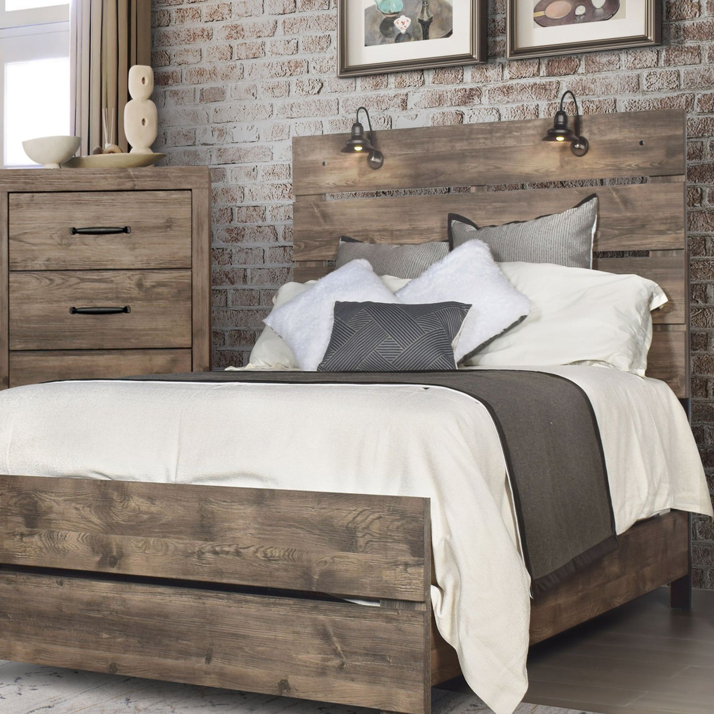 Hortense bedframe in rustic greige veneer in bedroom setting