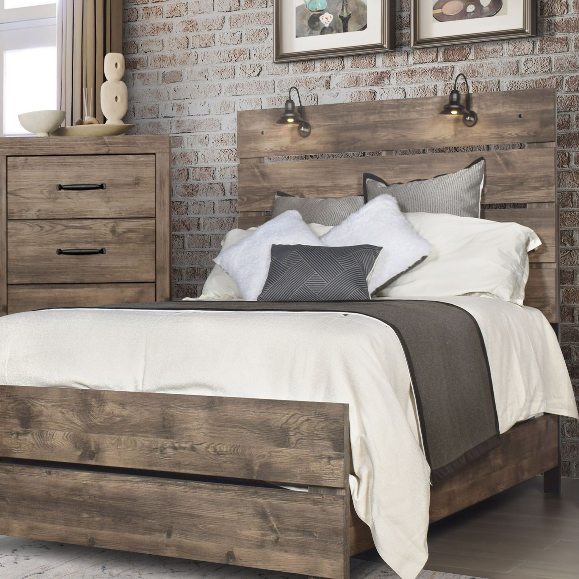 Hortense bedframe in rustic greige veneer in bedroom setting