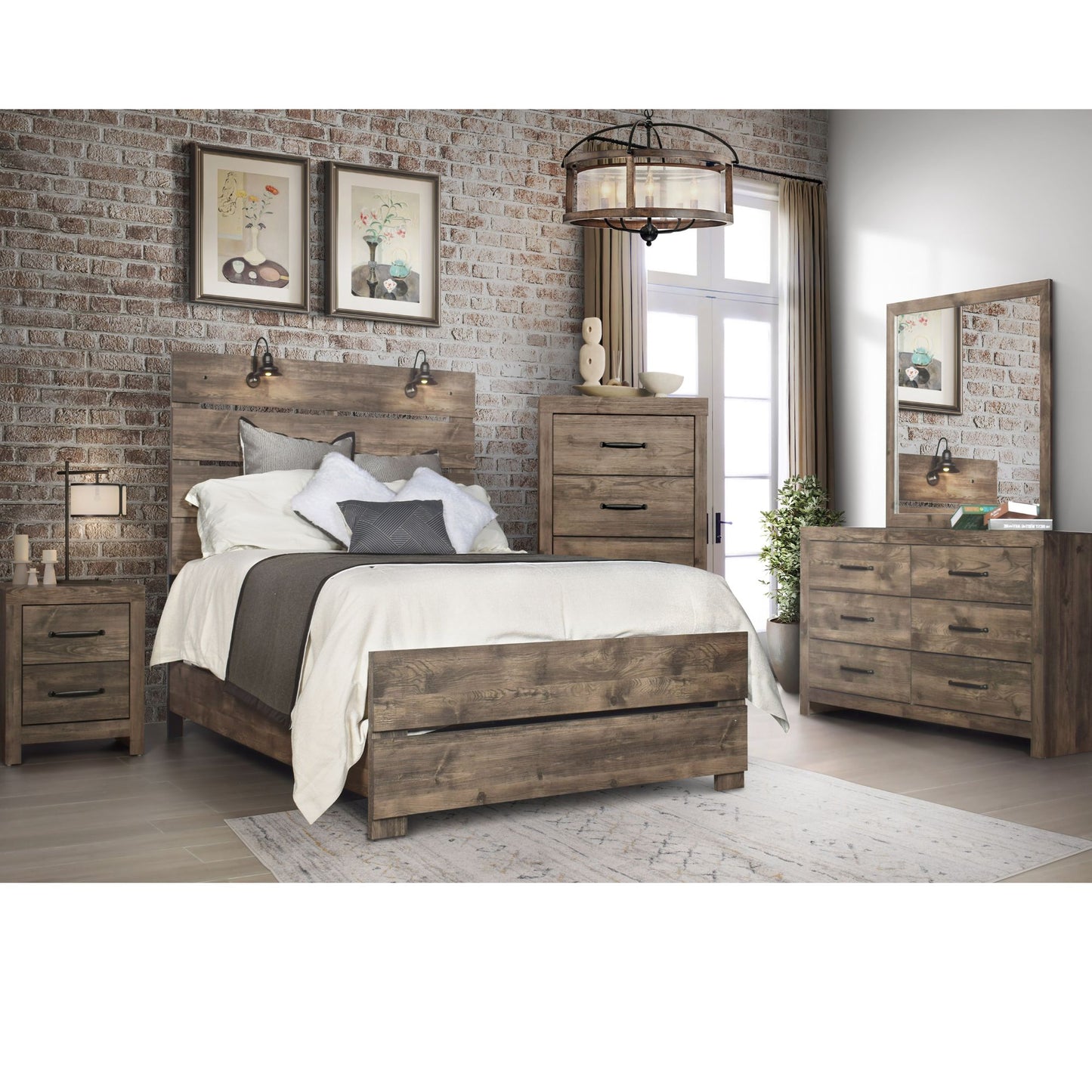 Hortense bedroom set in geige veneer including headboard, footboard, rails, dresser, mirror, and two nightstands. Chest sold separately. Displayed in bedroom setting on white background