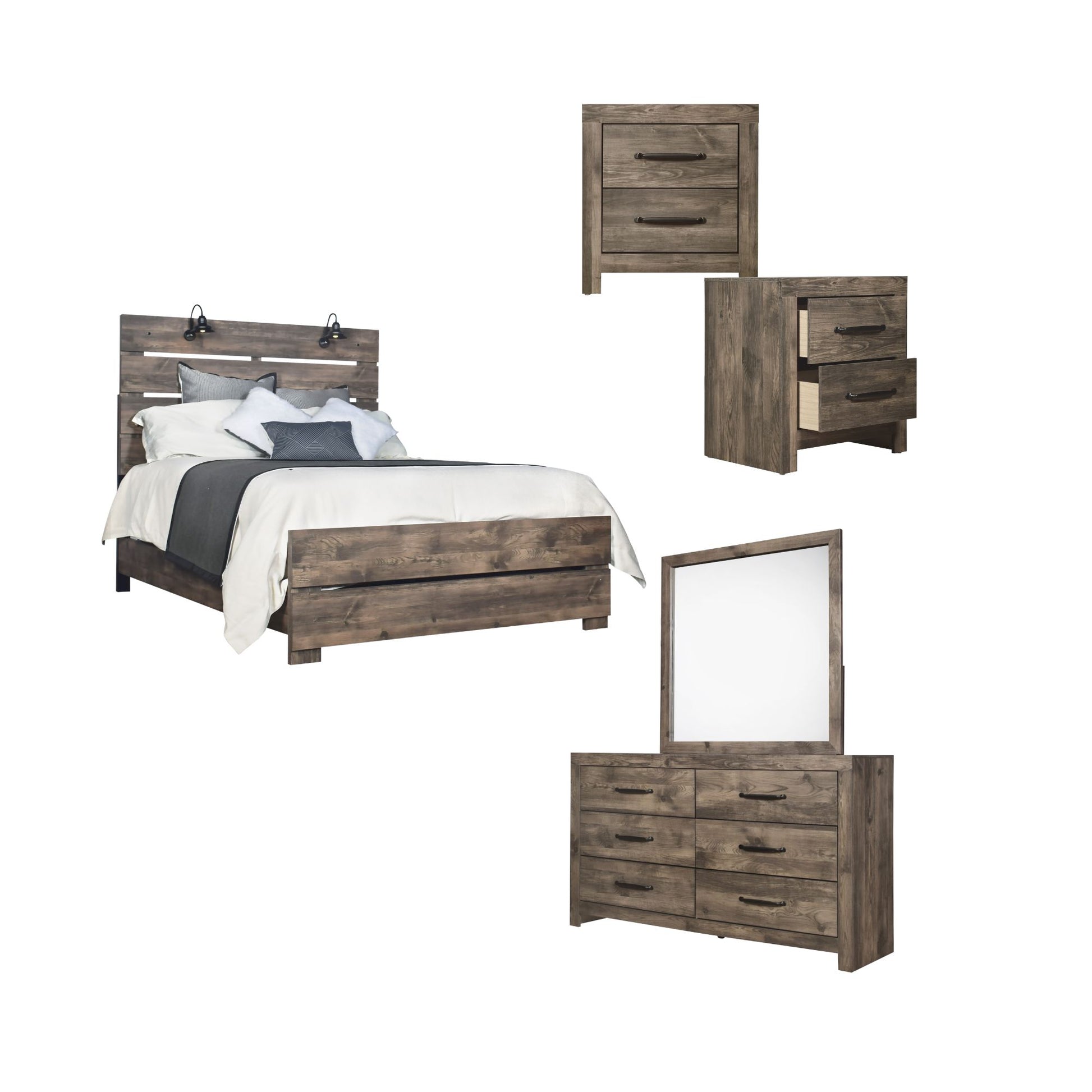 Hortense bedframe, two nightstands, and dresser mirror in greige veneer on white background