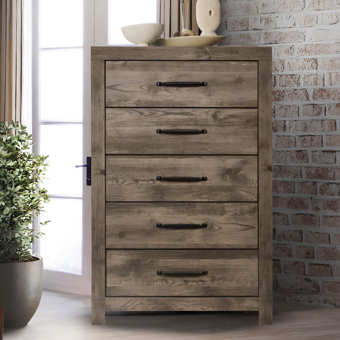 Hortense 5 Drawer Chest in greige veneer in bedroom setting