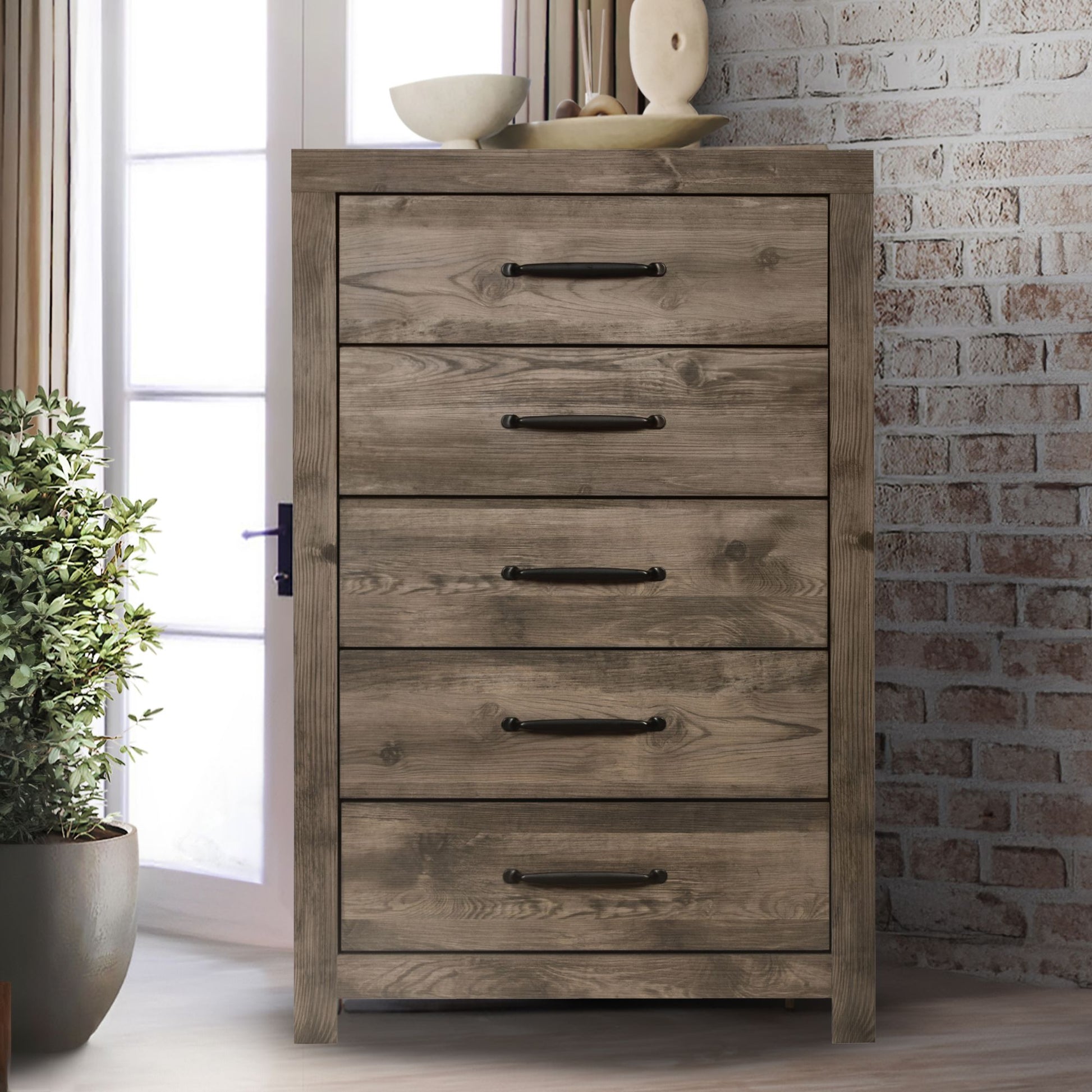 Hortense 5 Drawer Chest in greige veneer in bedroom setting