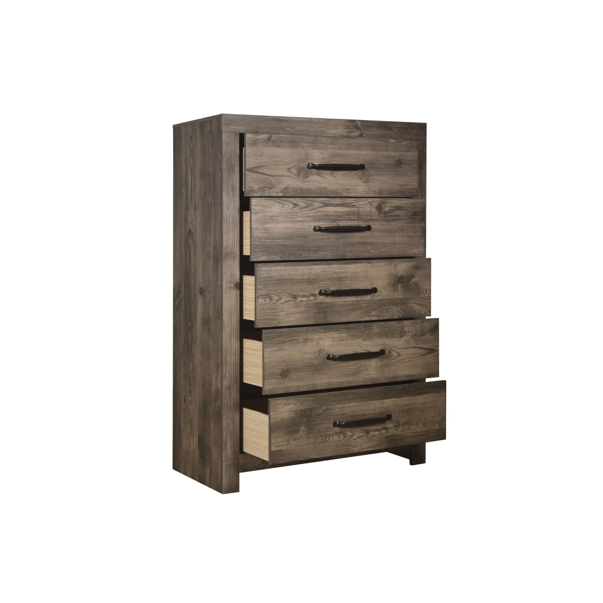 Hortense chest drawer open with five drawers in greige veneer on white background
