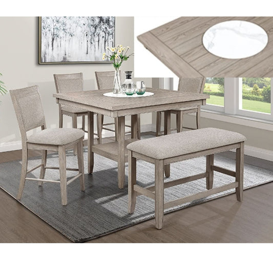 Jairlett 6-piece counter height dining set featuring a square light weather white oak wood veneer table, four matching upholstered chairs, and a matching bench, shown in a staged dining room setting with a window and an inset detail of the tabletop design.