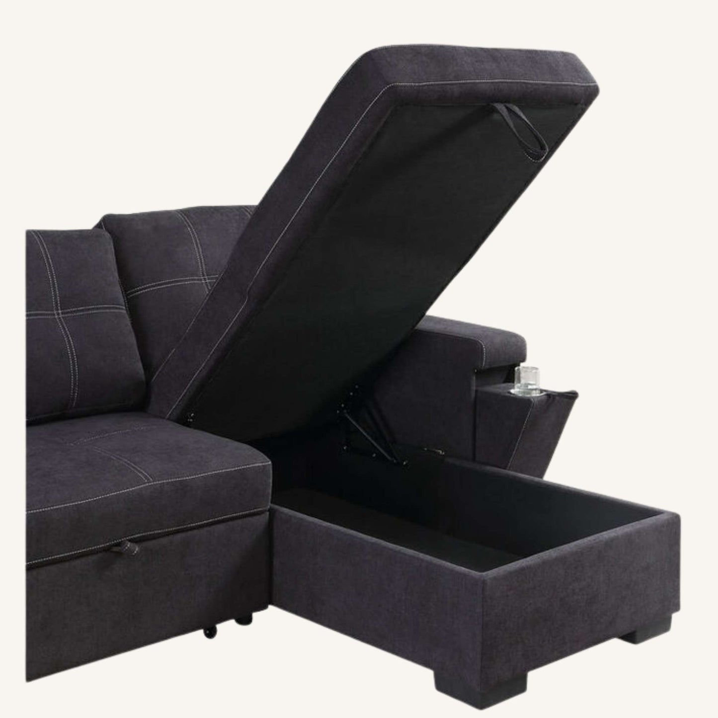 Dark gray sectional sofa with storage compartment on a white background