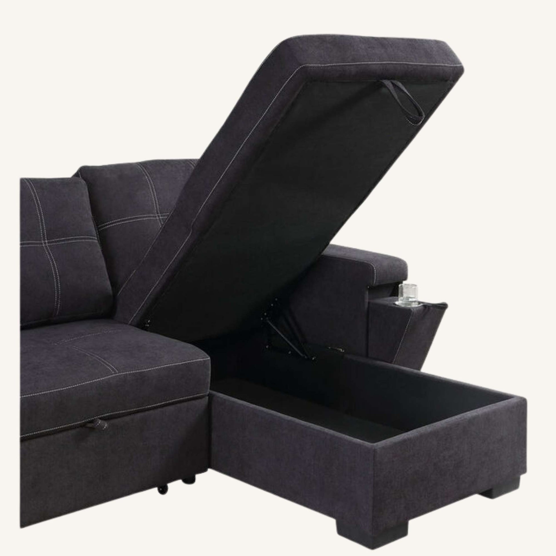 Dark gray sectional sofa with storage compartment on a white background