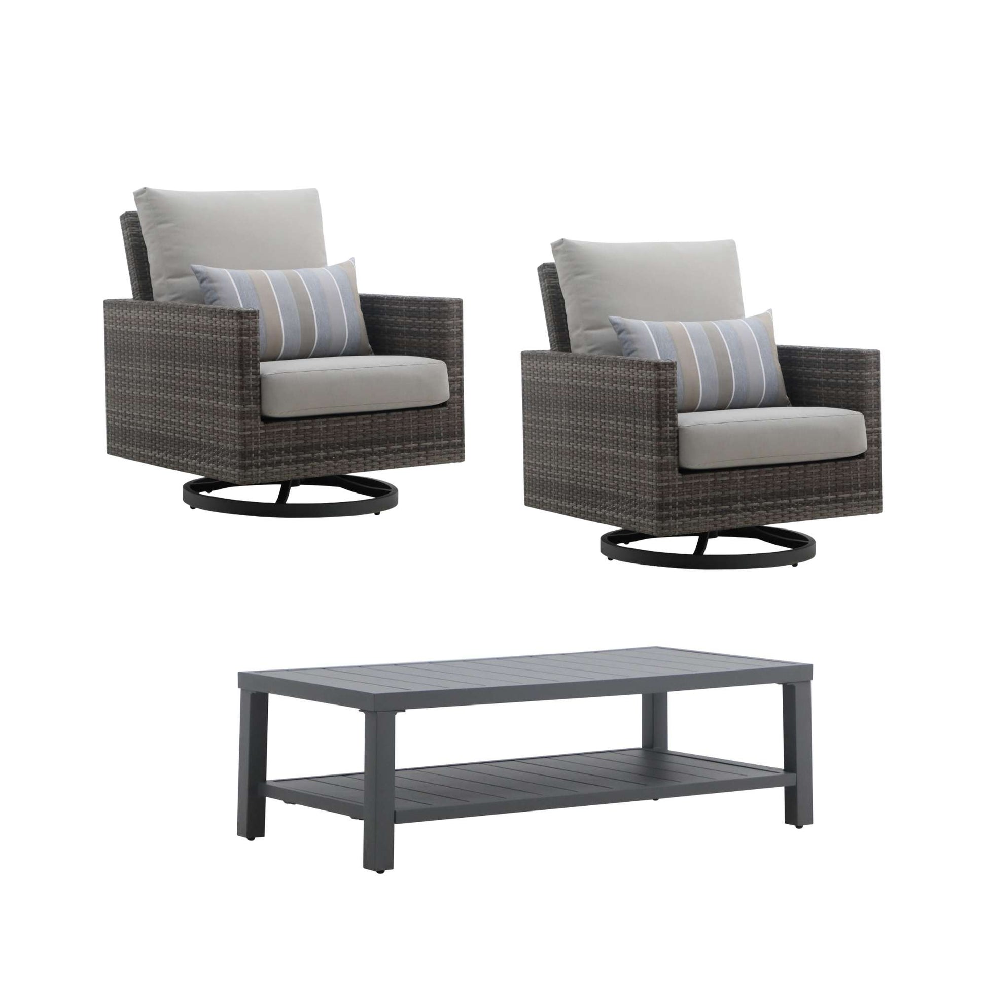 Two Jedda wicker arm chairs with cushions and a coffee table on a white background