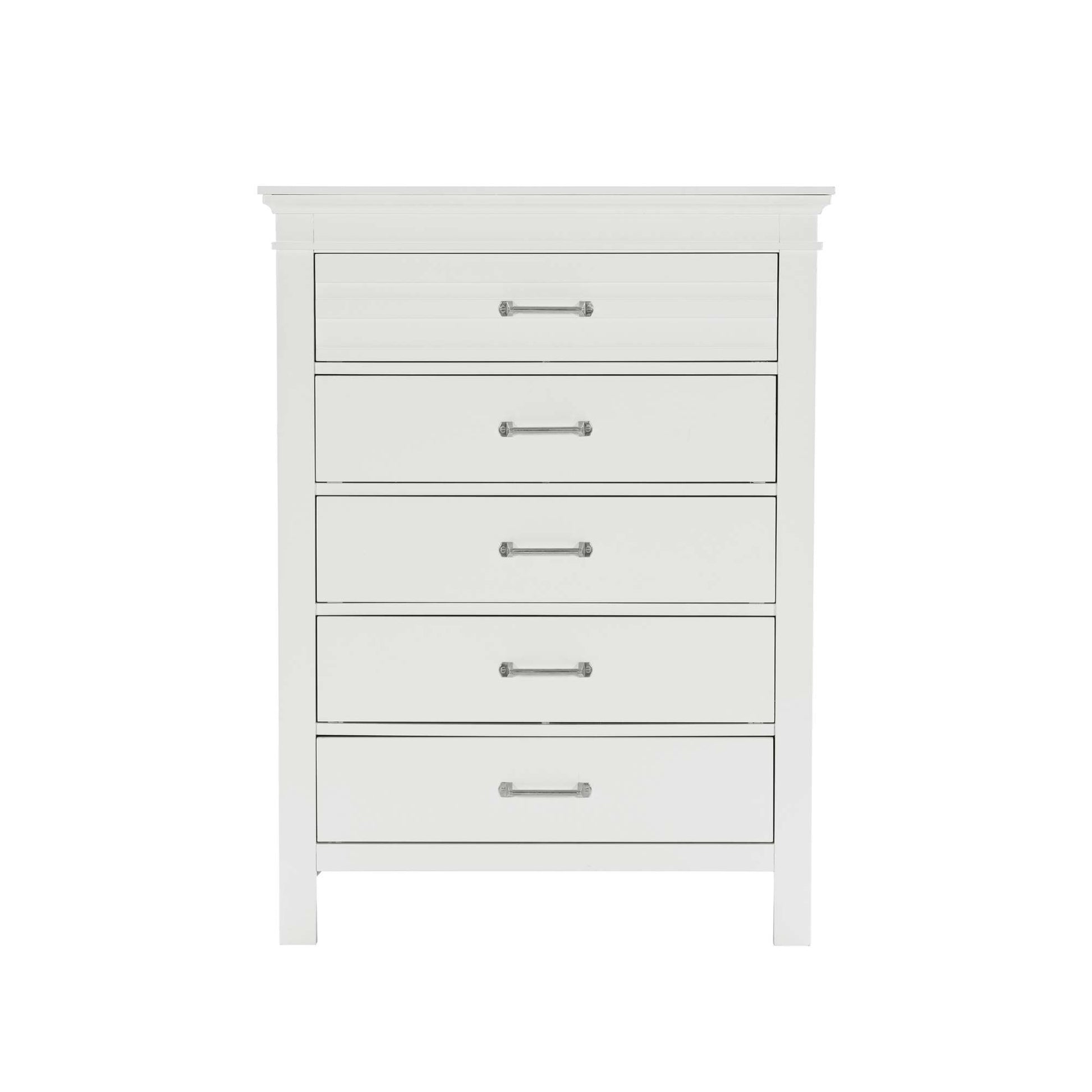 White dresser with five drawers on a white background