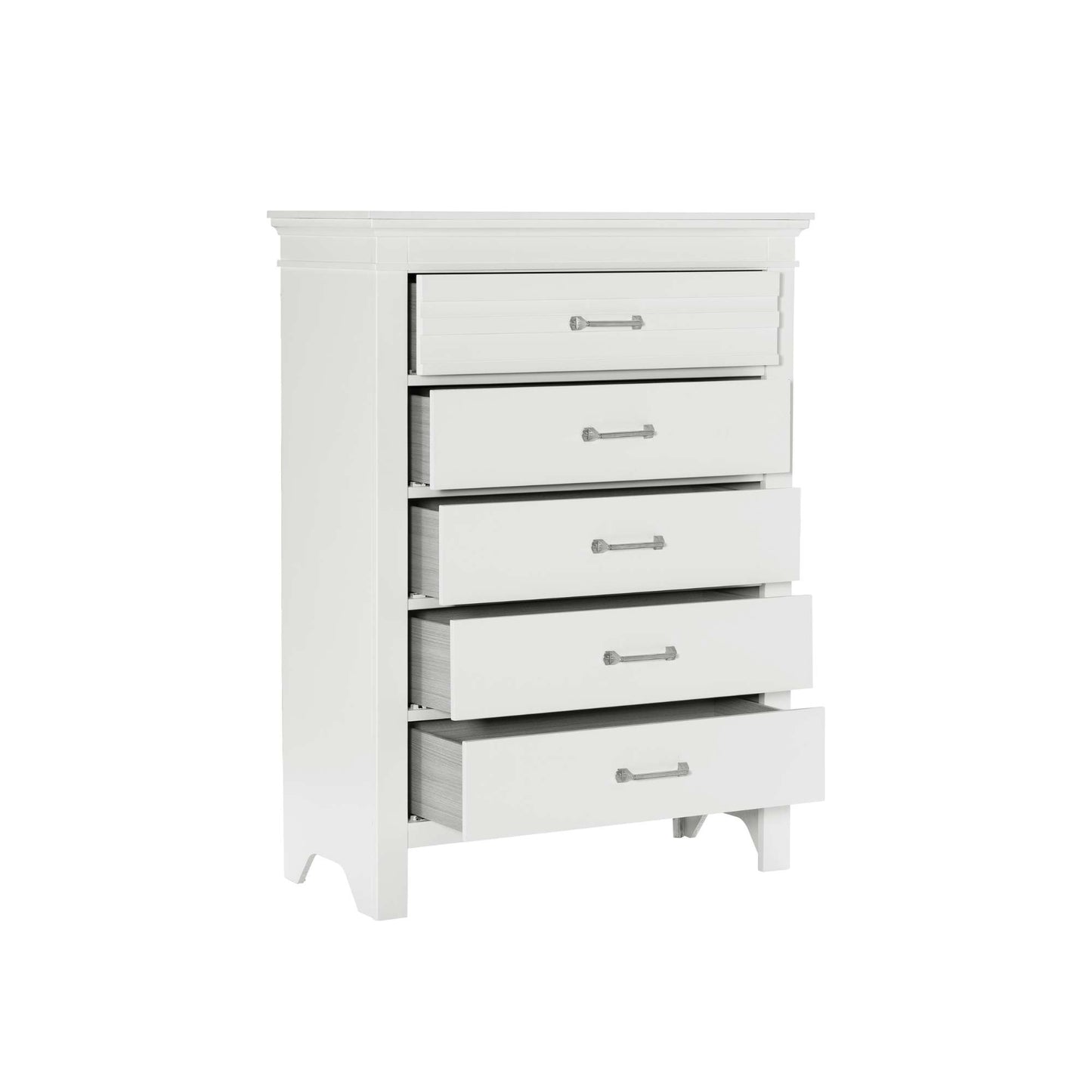 White dresser with four drawers on a white background
