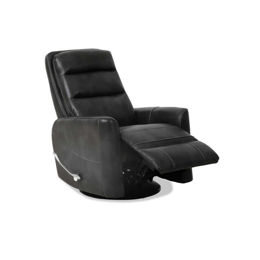 A gray high performance faux leather glider swivel recliner chair.