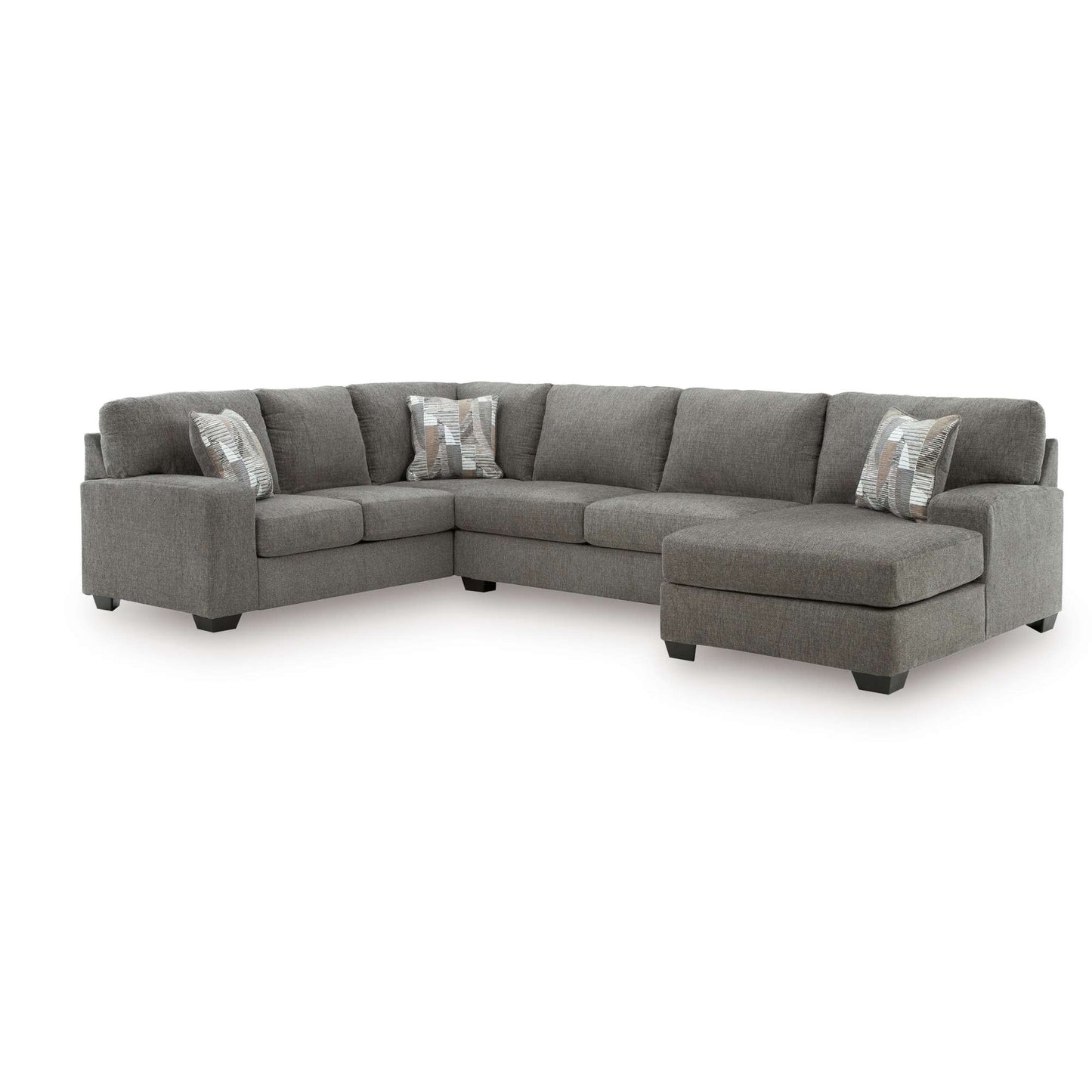 Kincaid 3 PC sectional includes a arm chaise, armless loveseat, and right-arm sofa with corner wedge. Displayed in white background with RAF chaise