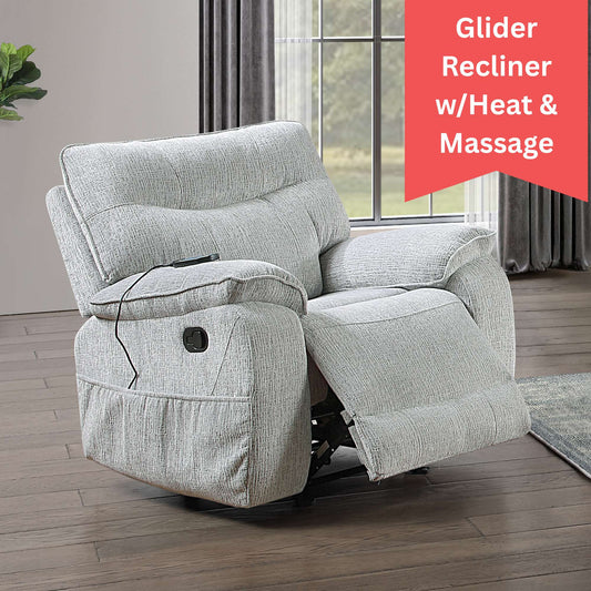 Gray glider recliner with heat and massage functions in a room with a window.