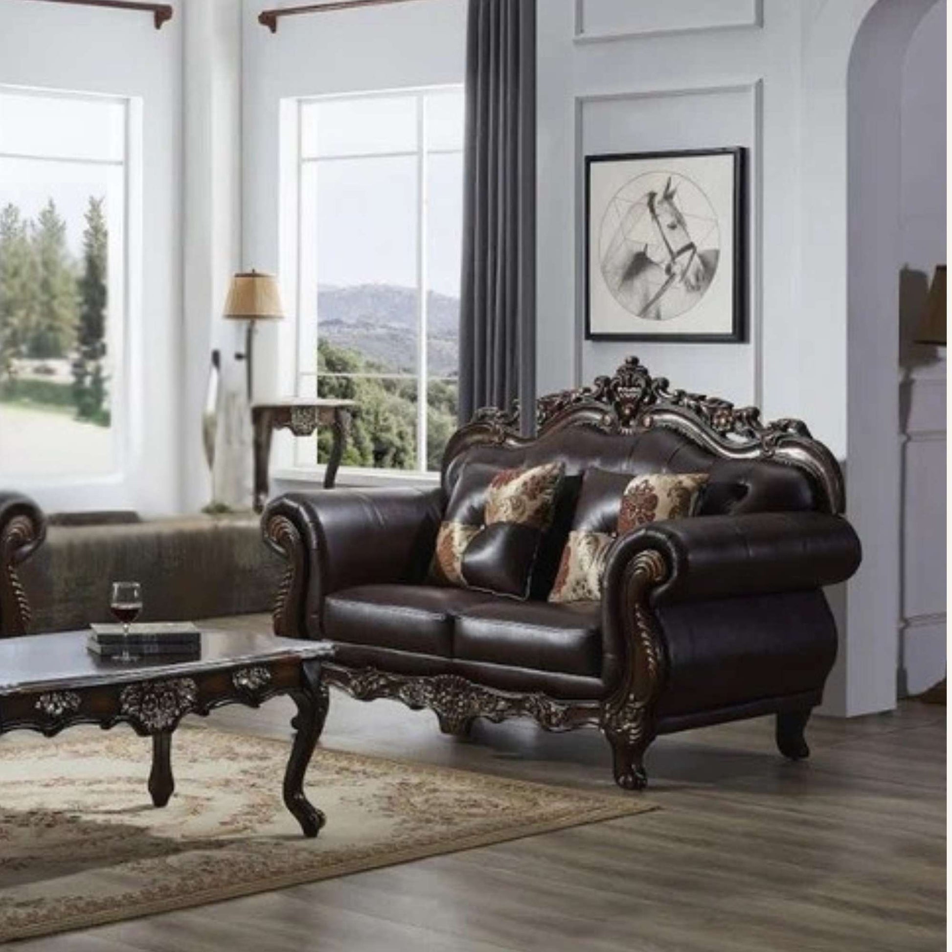 Luxurious brown leather sofa in a stylish living room with large windows.