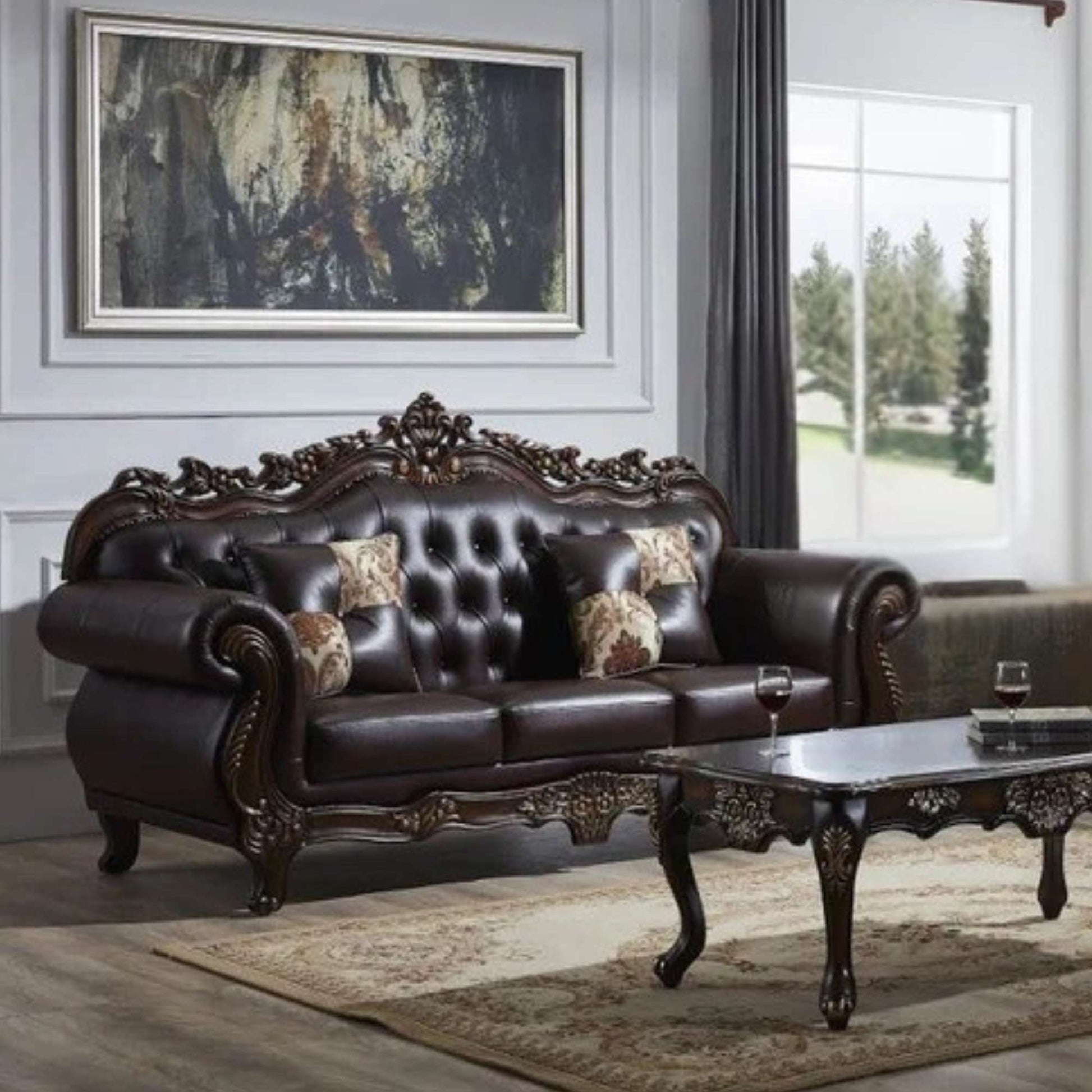 Luxurious brown leather sofa with decorative pillows in a living room setting.