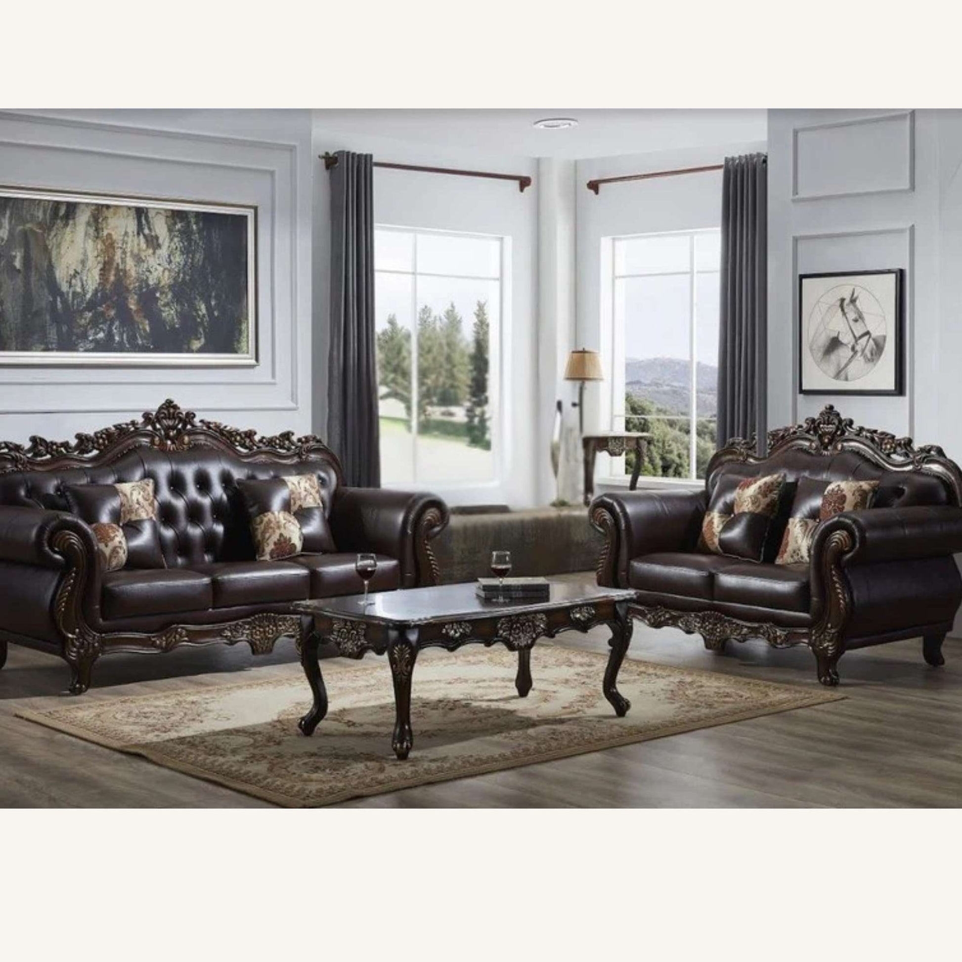 Luxury brown leather sofa set in a living room with large windows.