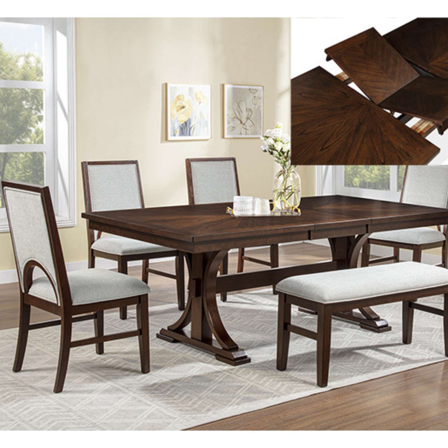 Maeve 6 piece dining set in arm brown and butterfly leaf demonstration in dining room setting