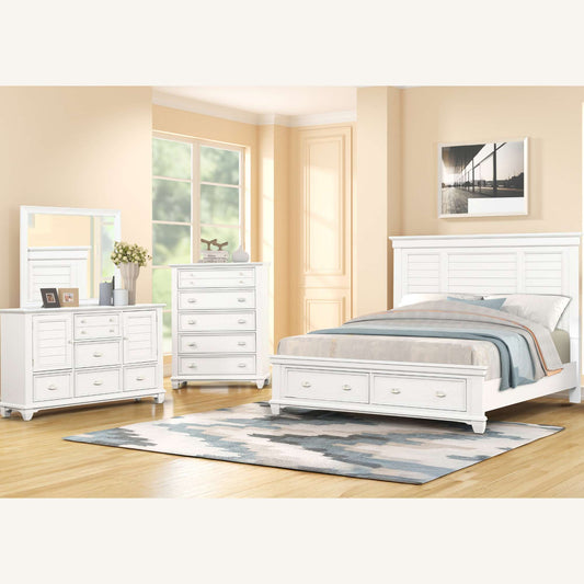 Mantello white bedroom storage set in beige bedroom setting