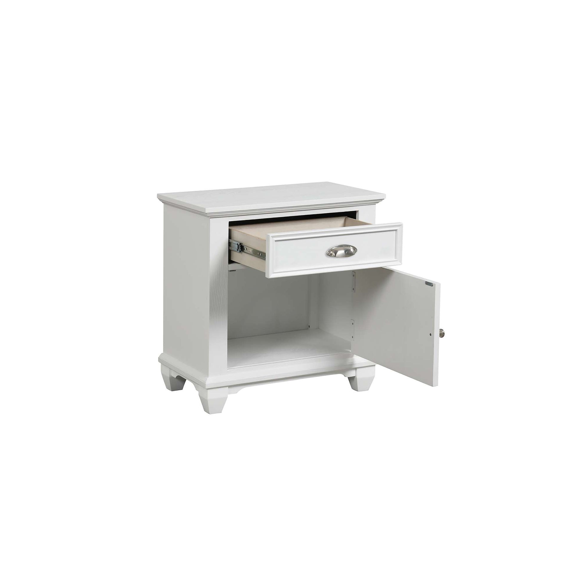 Mantello white nightstand with open drawer and cabinet on white background