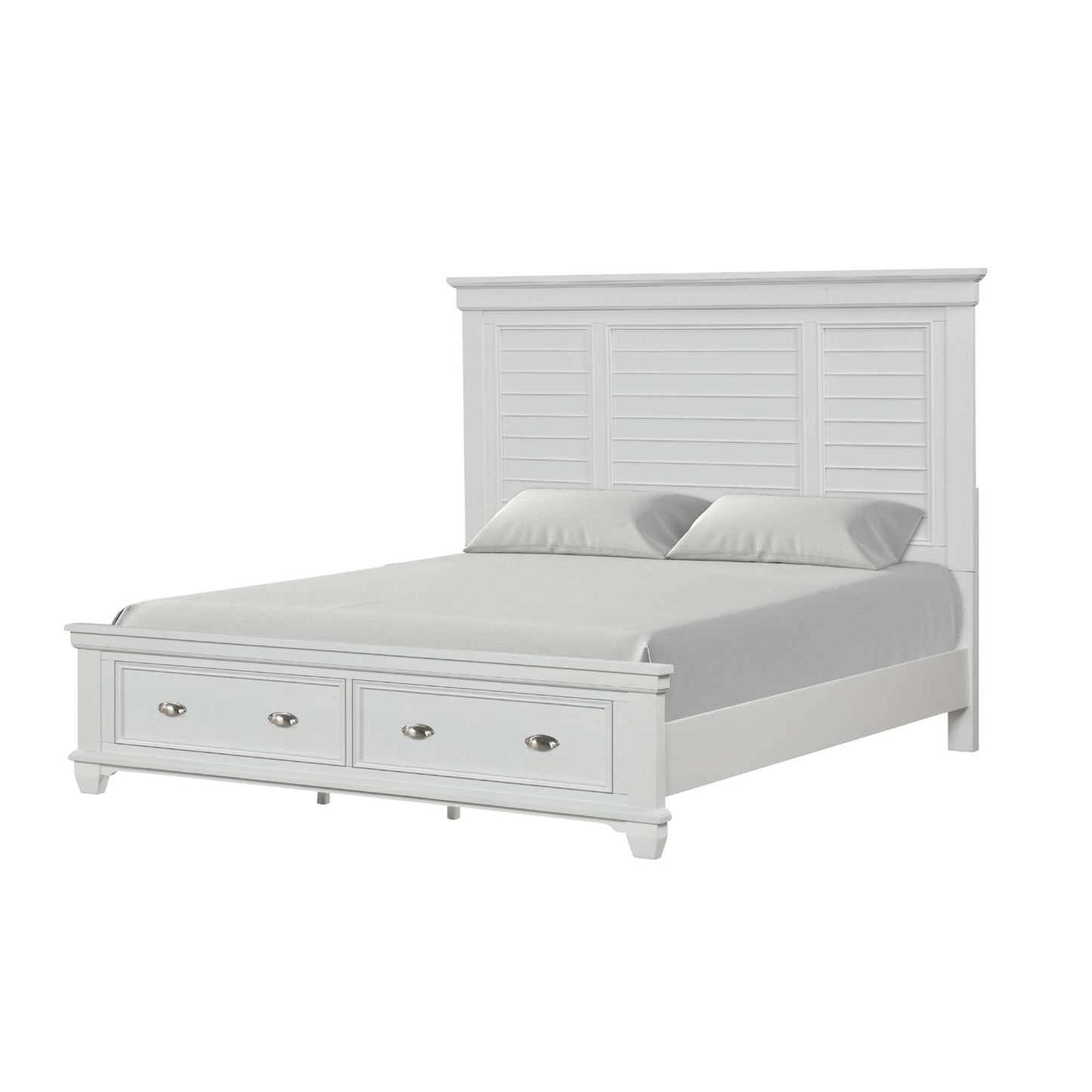 Mantello White storage bed frame with two footboard drawers on white background