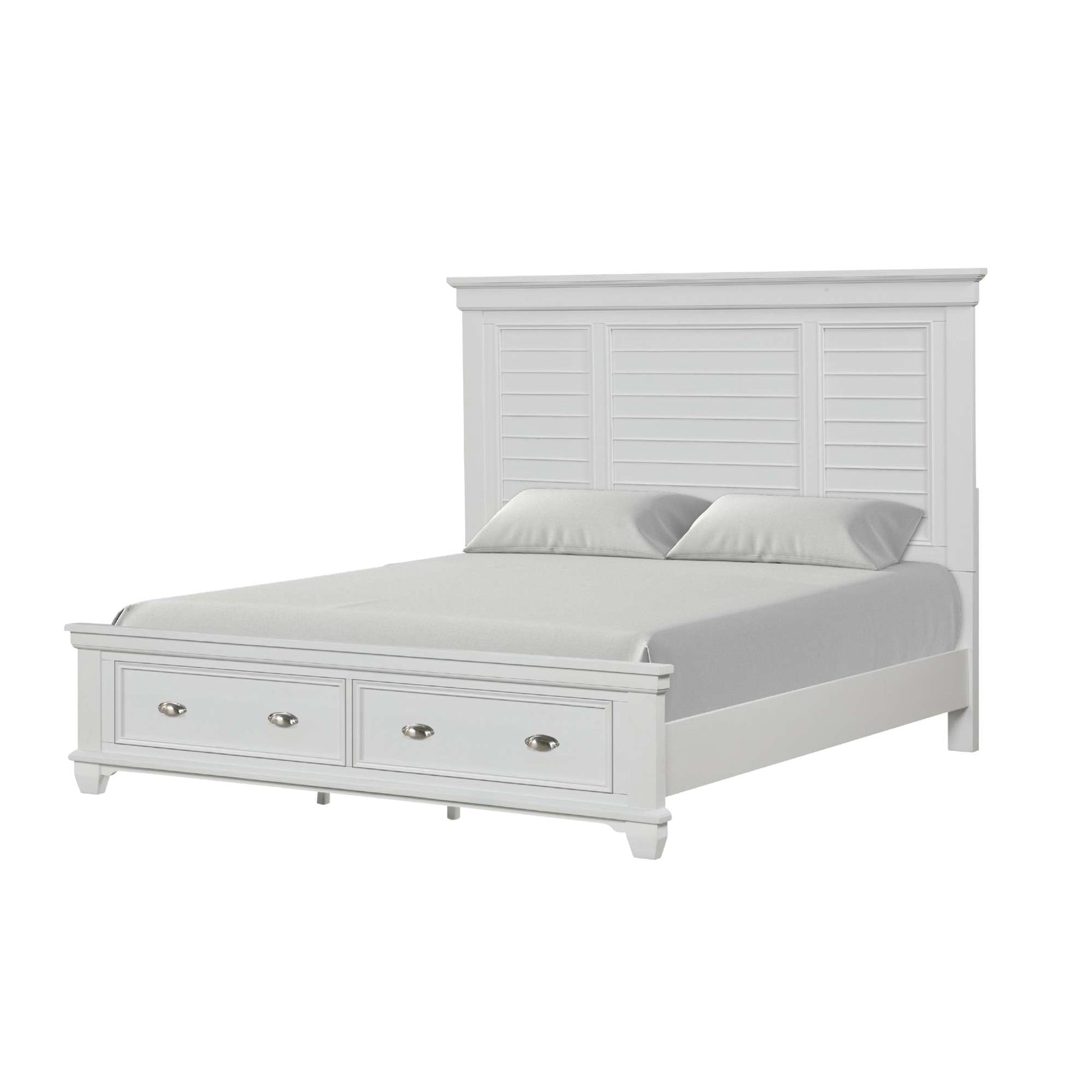 Mantello White storage bed frame with two footboard drawers on white background