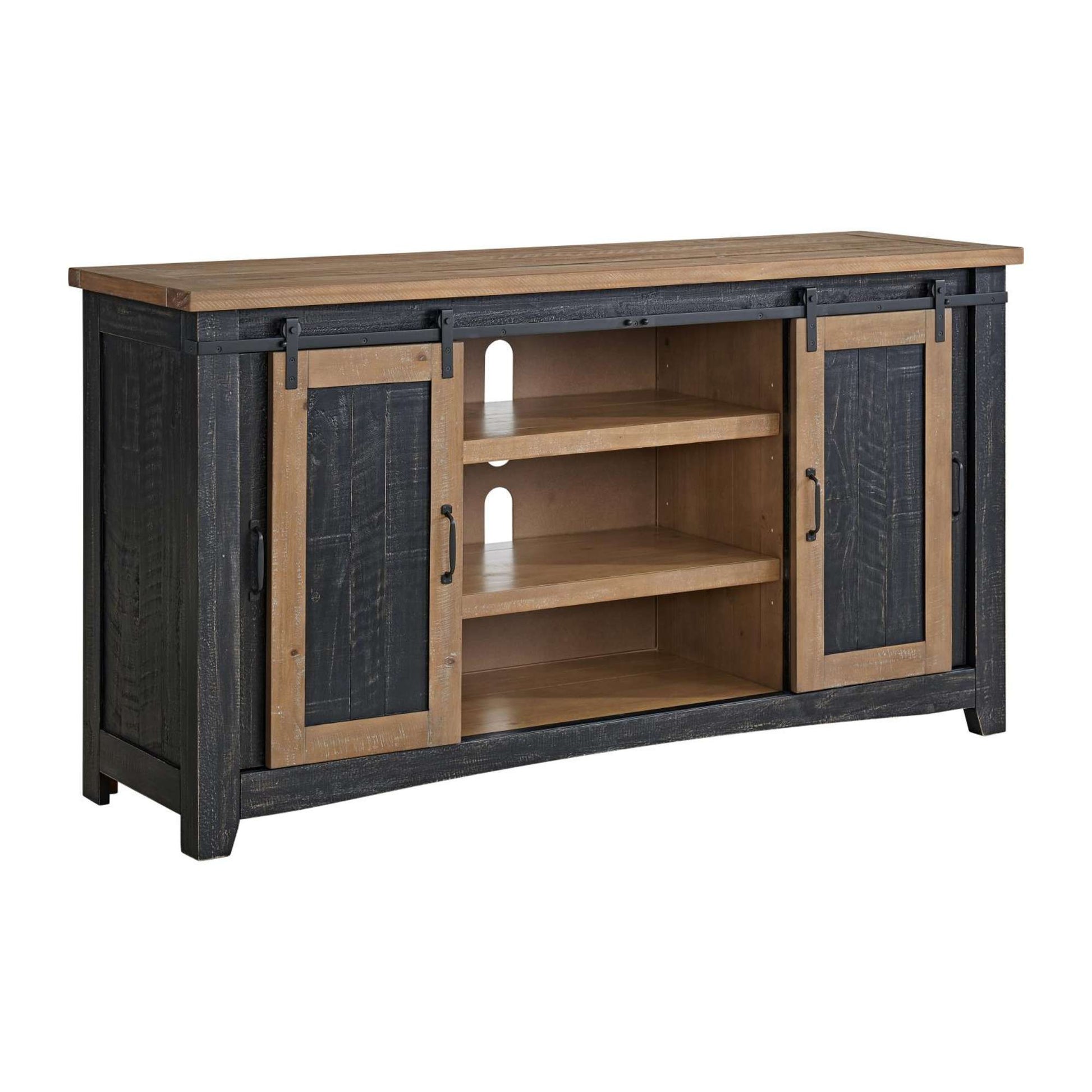Marlee rustic black and driftwood tv stand with slide doors open on white background