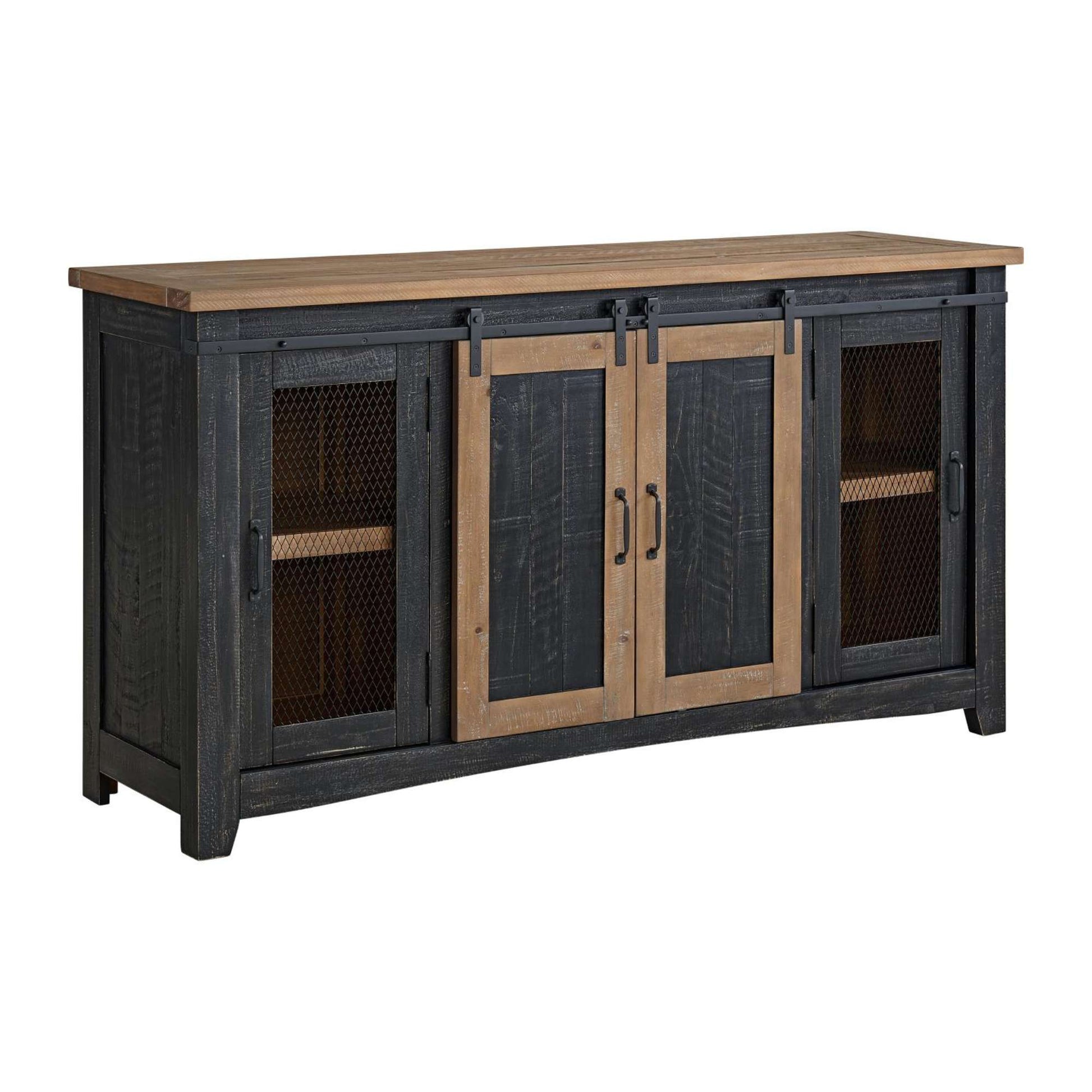 Marlee rustic black and driftwood tv stand with slide doors closed on white background