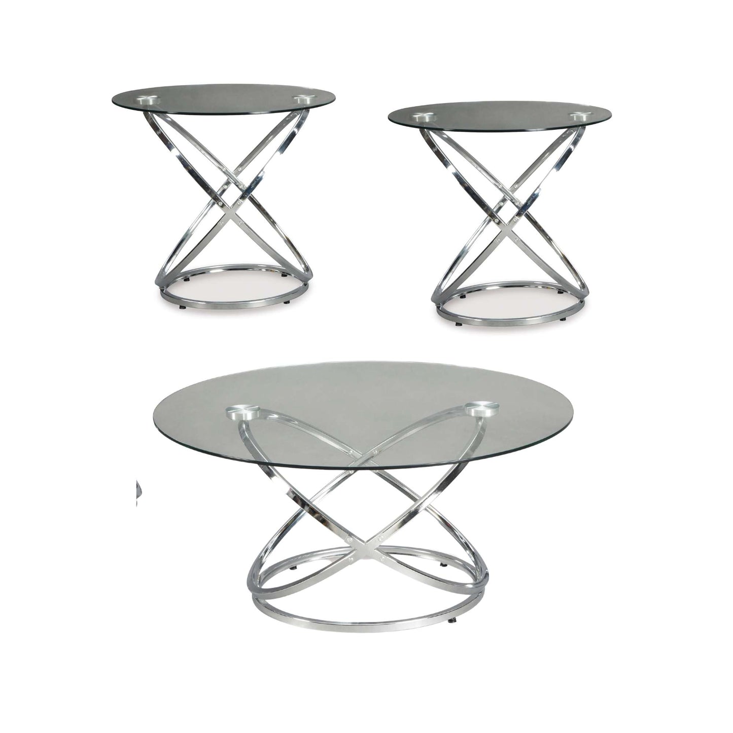 Mercer Round Coffee table and two end tables with tempered glass tops and chrome "x" shaped bases on white background