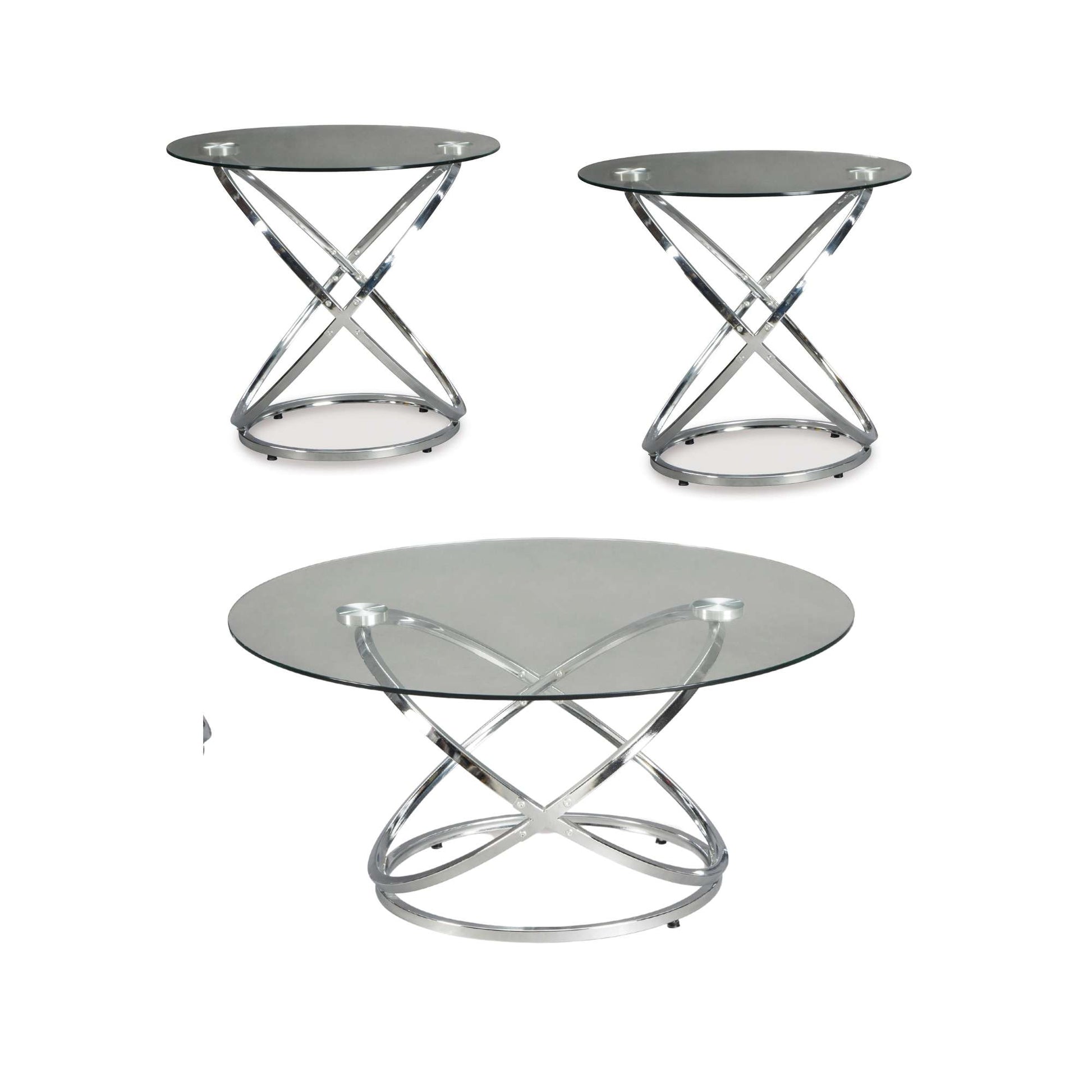 Mercer Round Coffee table and two end tables with tempered glass tops and chrome "x" shaped bases on white background