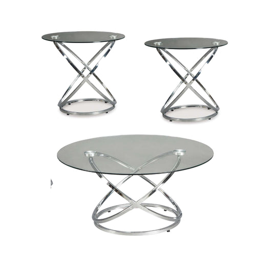 Mercer Round Coffee table and two end tables with tempered glass tops and chrome "x" shaped bases on white background